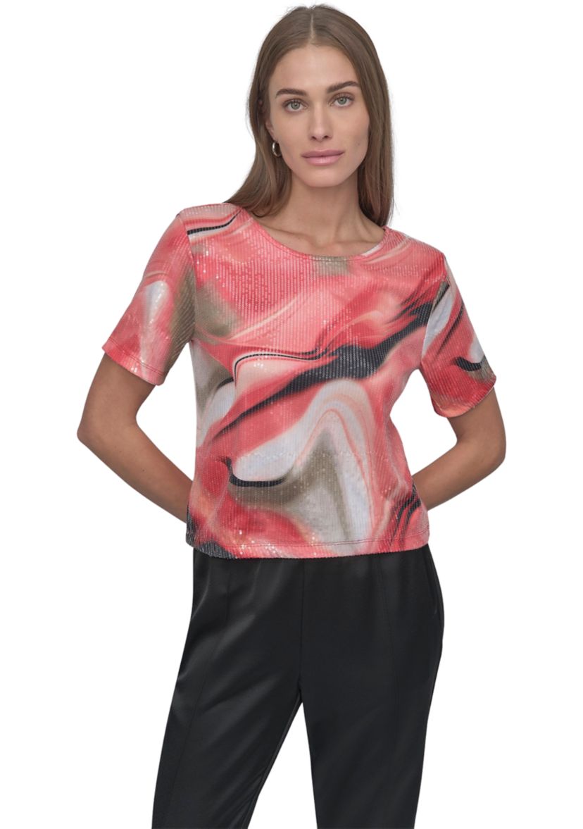 Womens Marble Printed Sequin T-Shirt