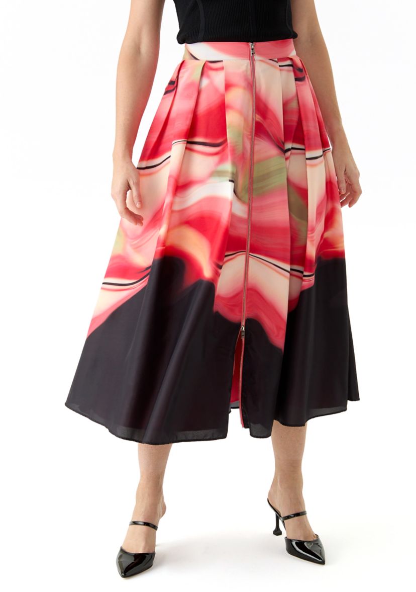 Womens Marble Printed Pleated A-Line Skirt