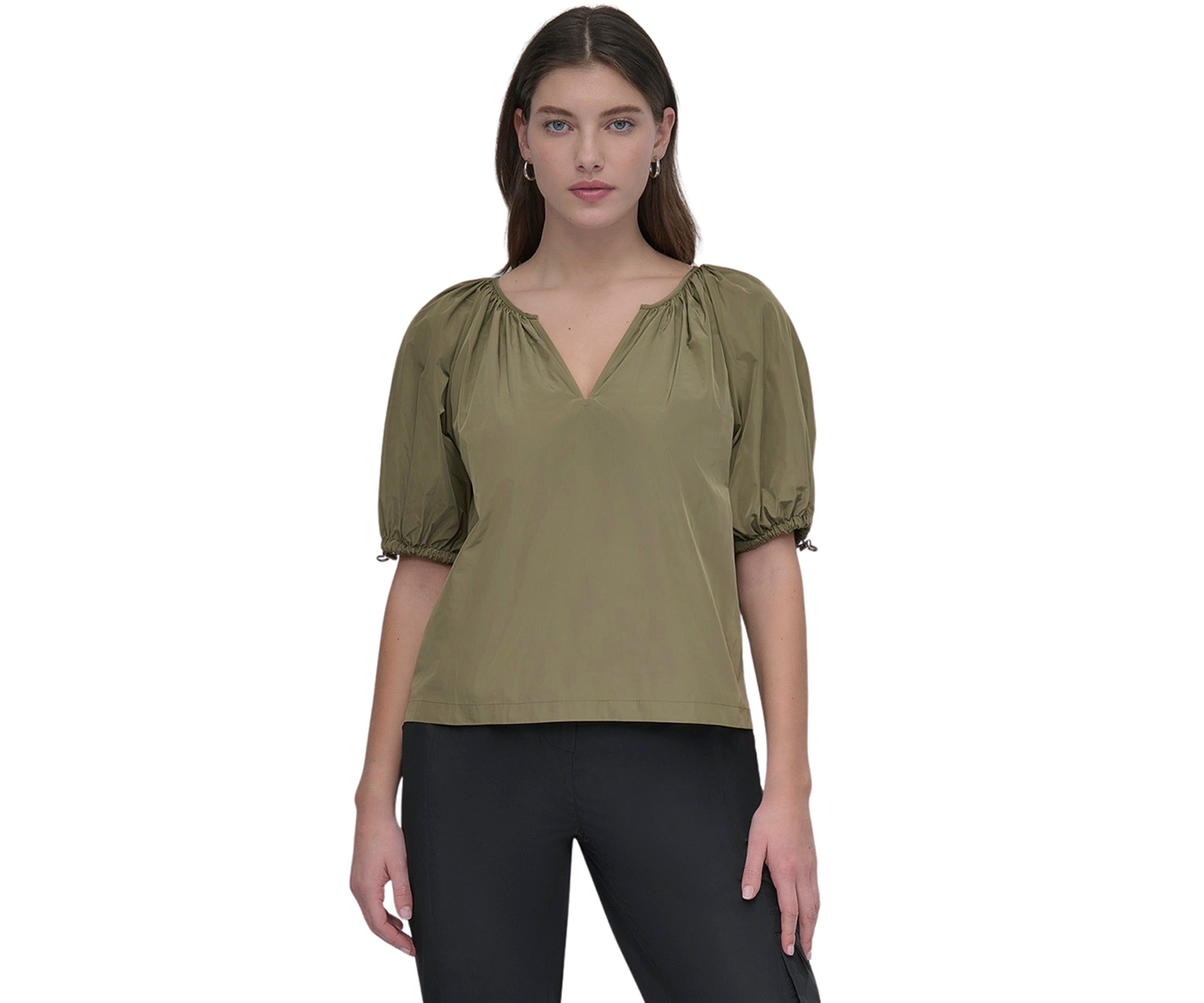 Womens Bungee Short Sleeve Split Neck Blouse