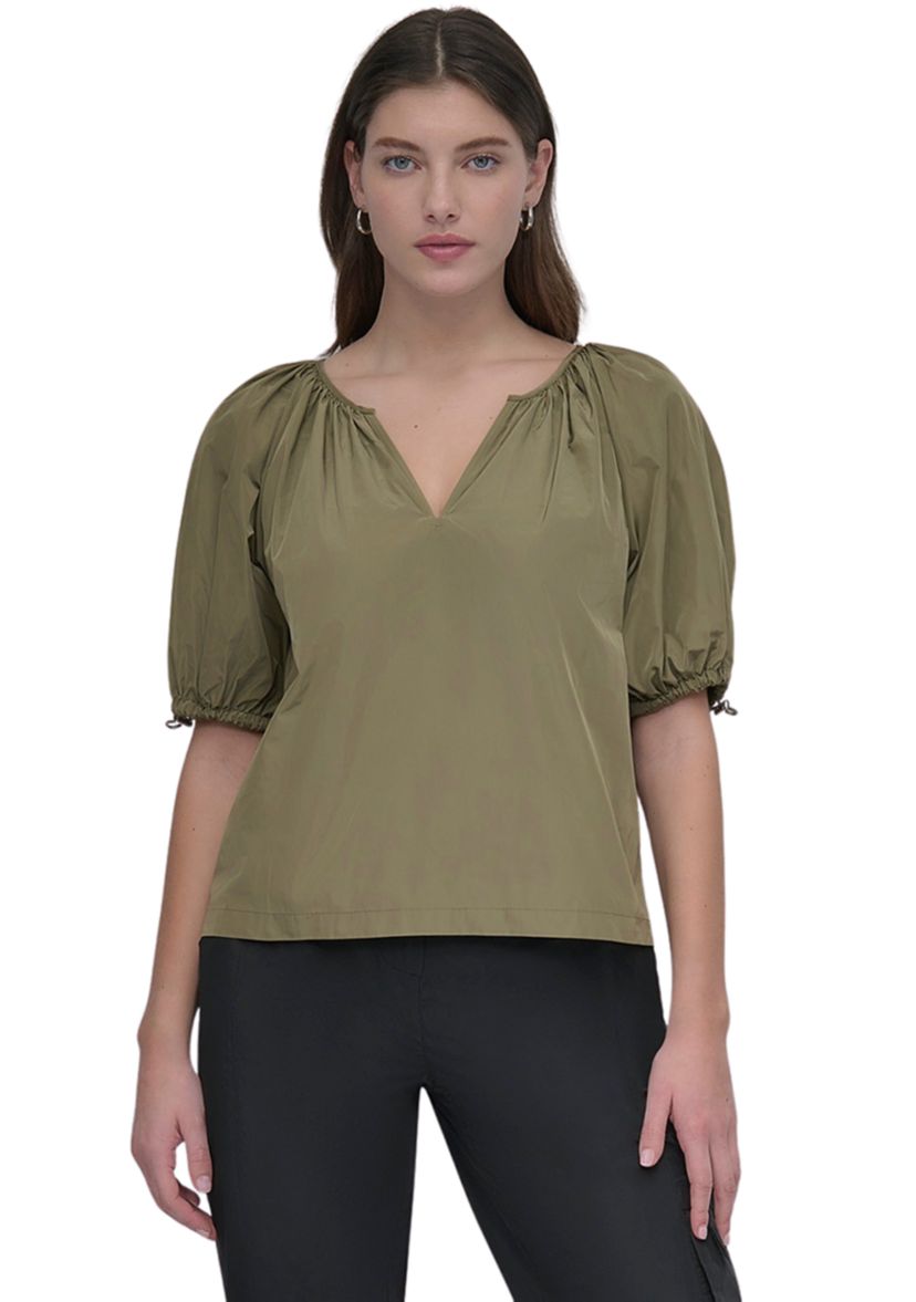 Womens Bungee Short Sleeve Split Neck Blouse
