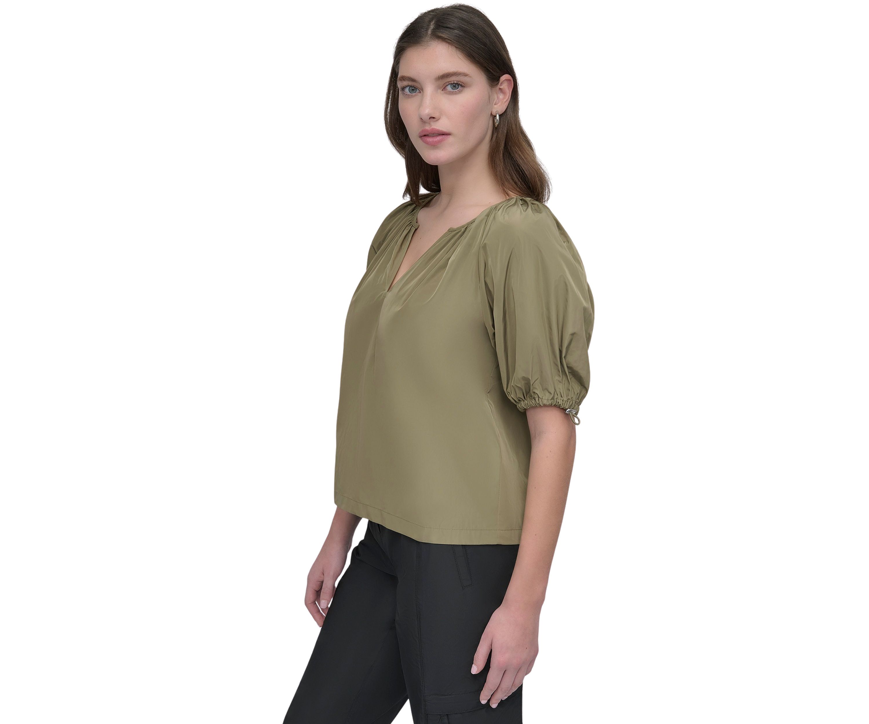 Womens Bungee Short Sleeve Split Neck Blouse
