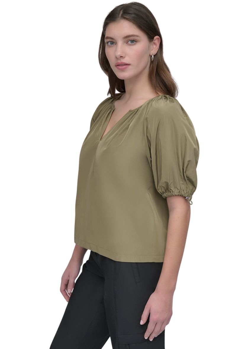 Womens Bungee Short Sleeve Split Neck Blouse