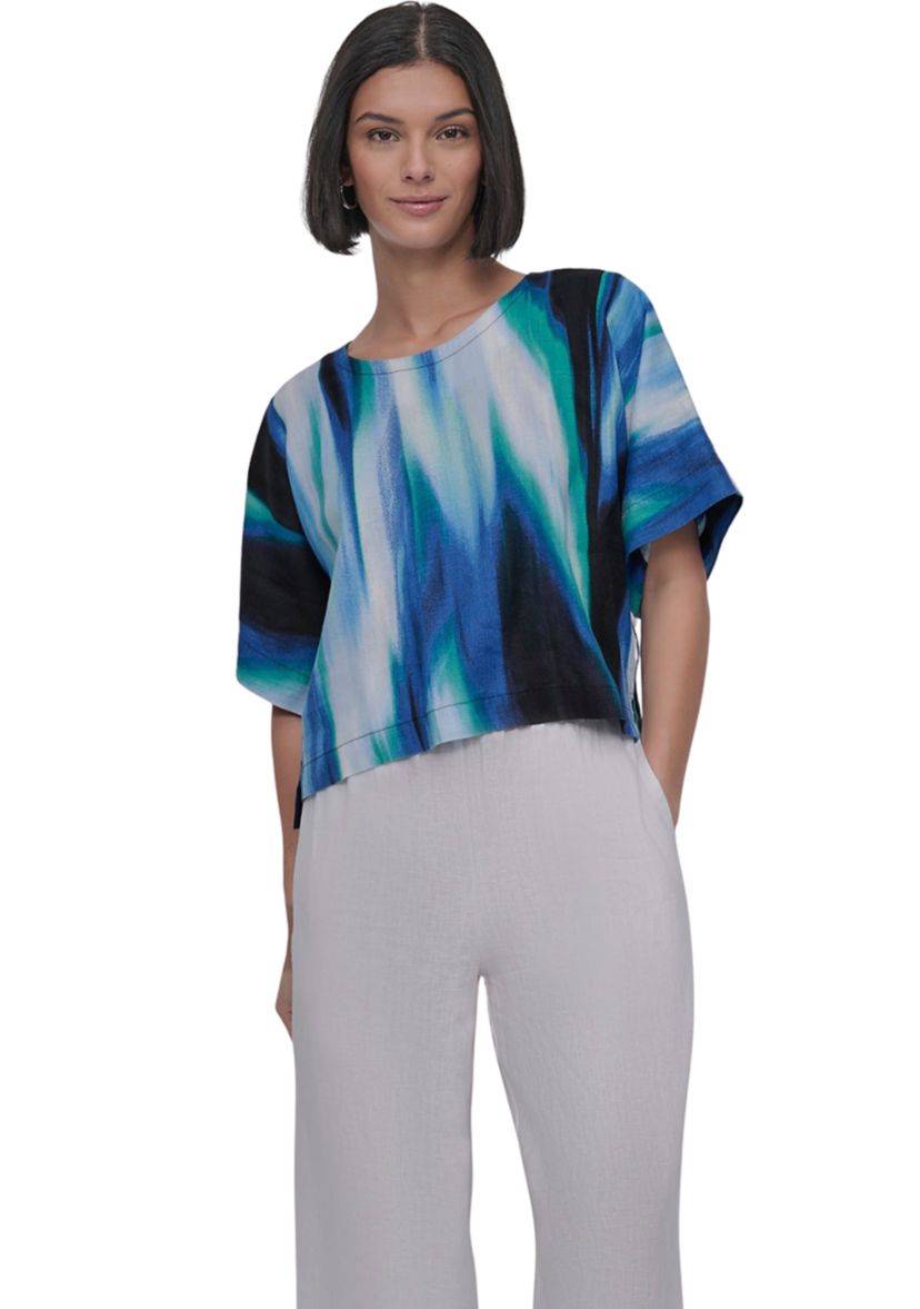 Womens Short Sleeve Brushstroke Linen Popover Blouse