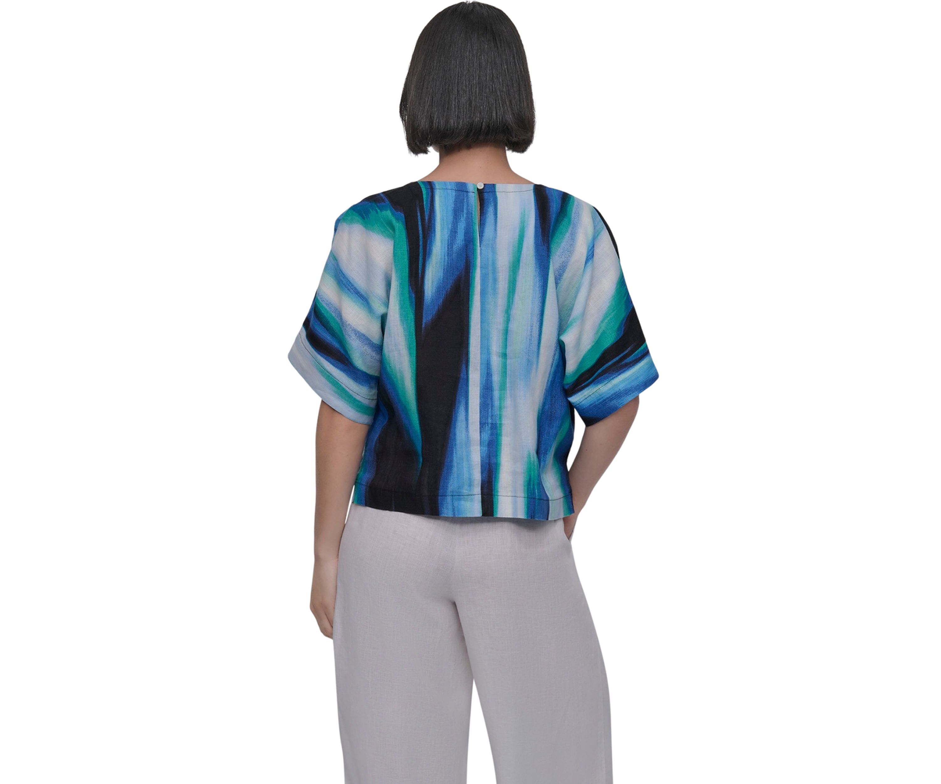 Womens Short Sleeve Brushstroke Linen Popover Blouse
