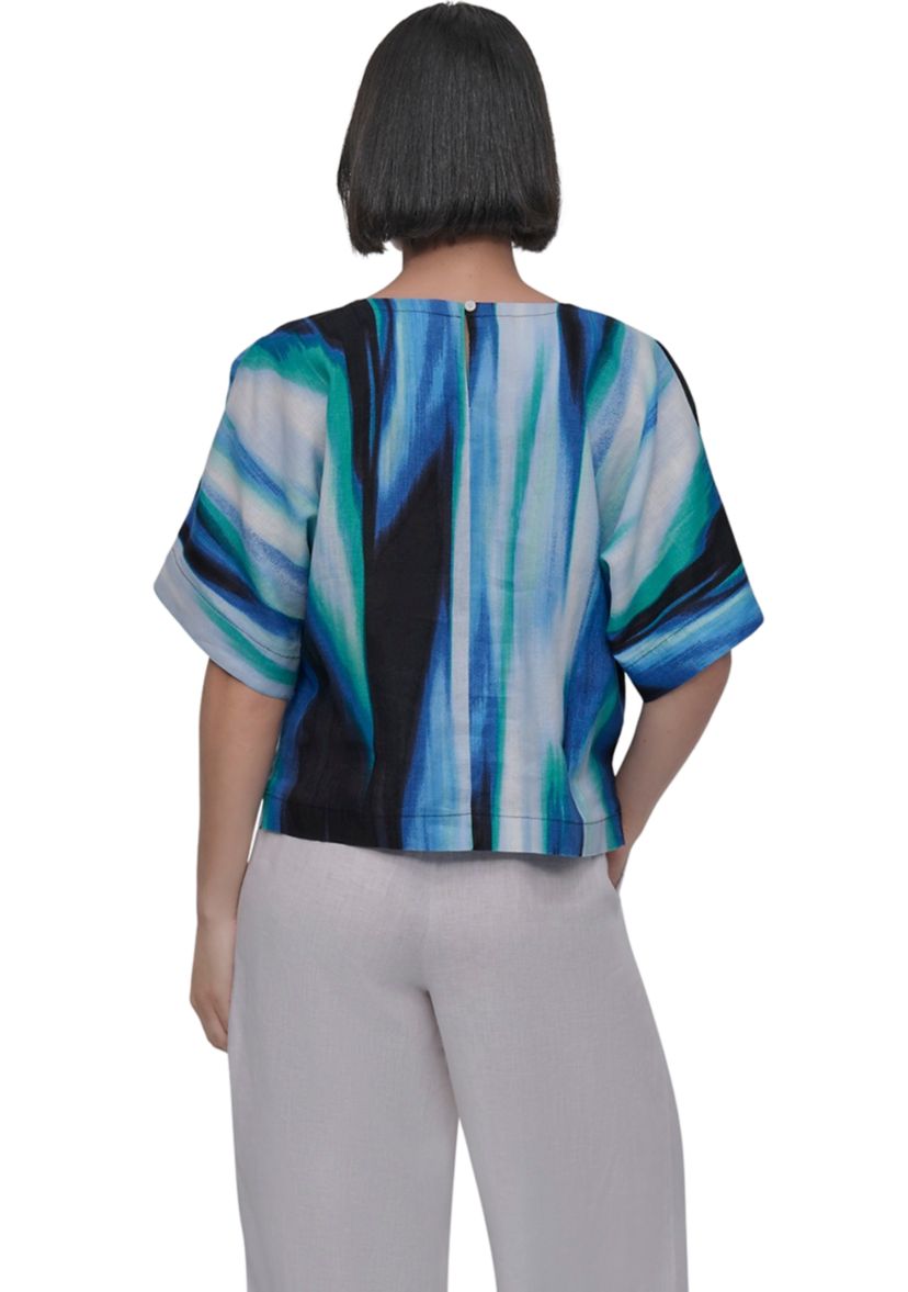 Womens Short Sleeve Brushstroke Linen Popover Blouse