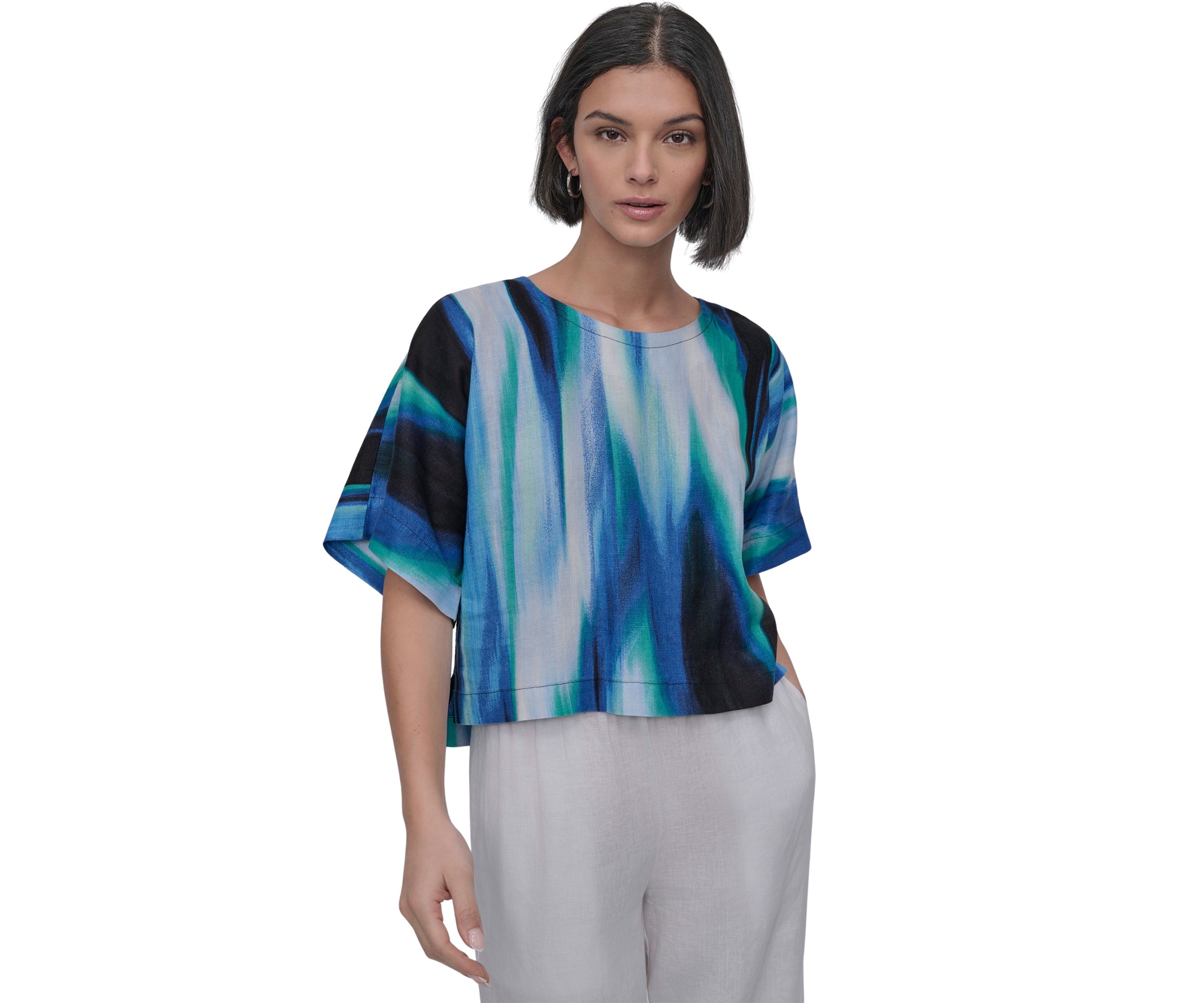 Womens Short Sleeve Brushstroke Linen Popover Blouse