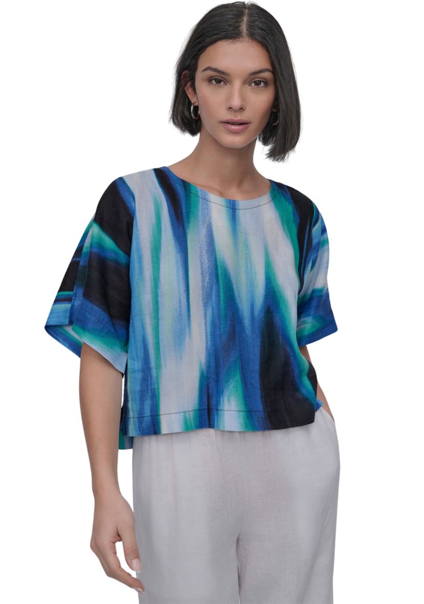 Womens Short Sleeve Brushstroke Linen Popover Blouse