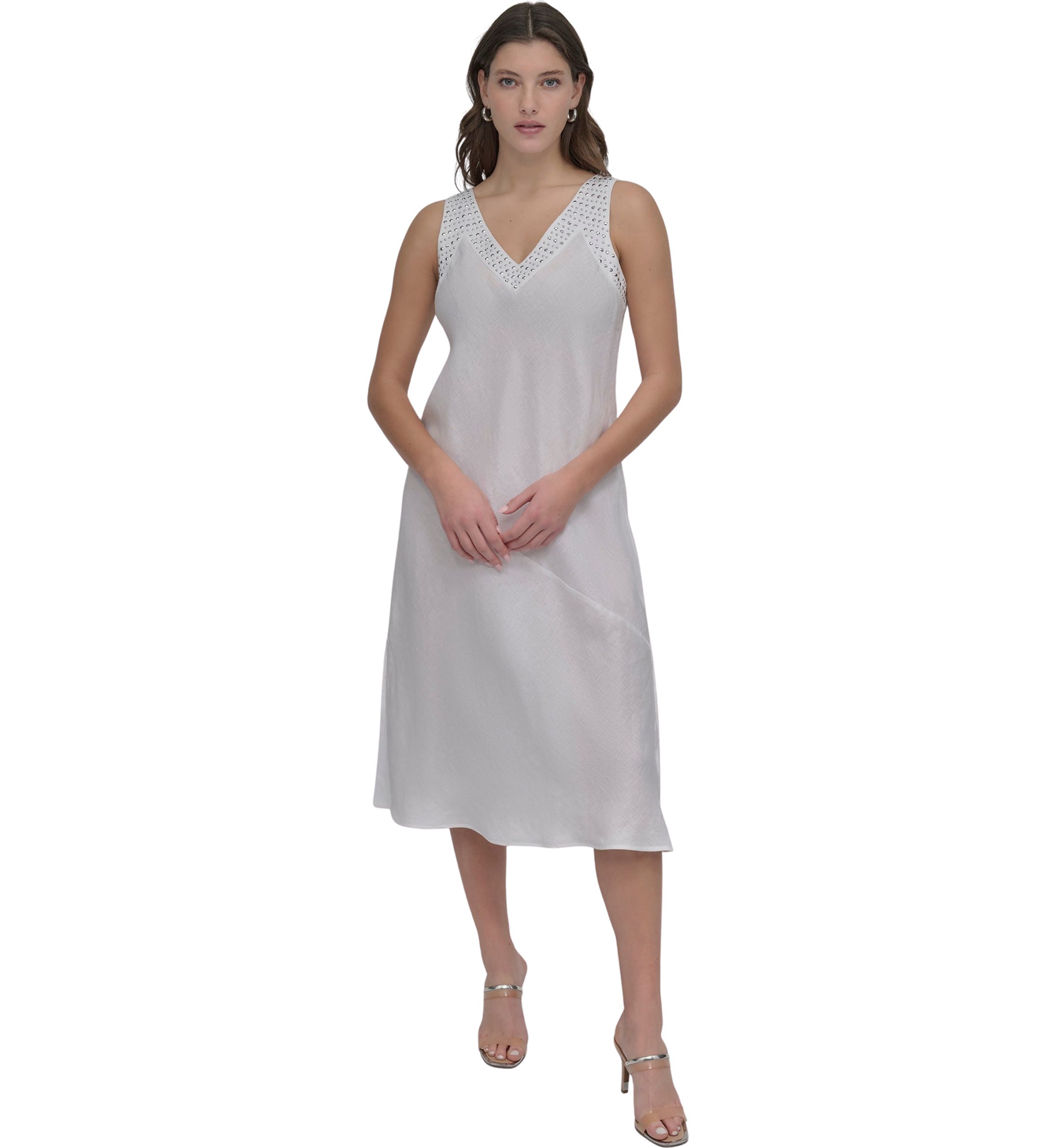 Womens V-Neck Linen Midi Dress