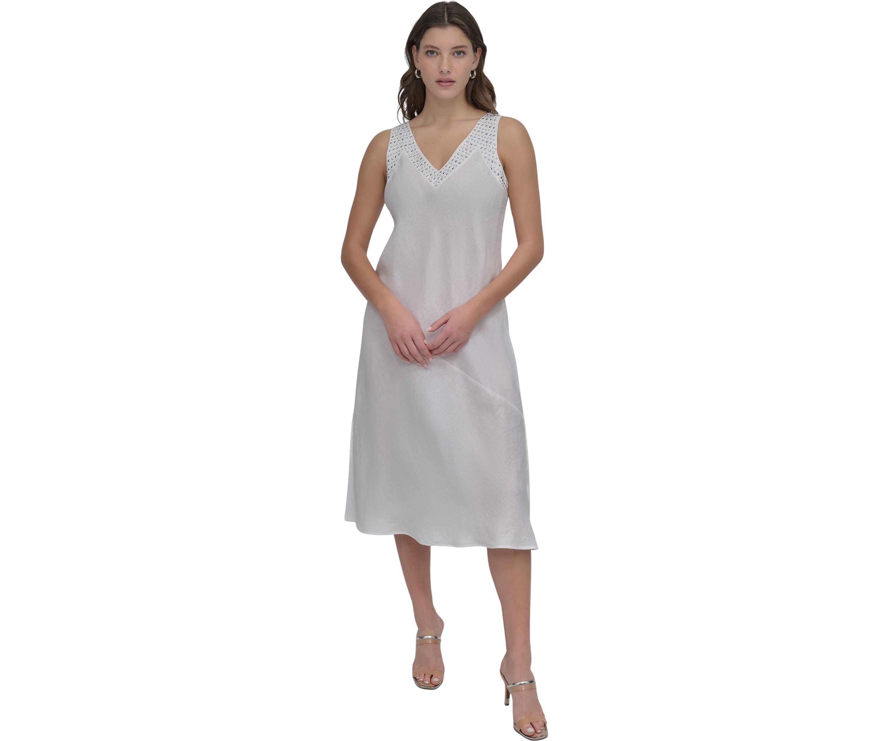 Womens V-Neck Linen Midi Dress