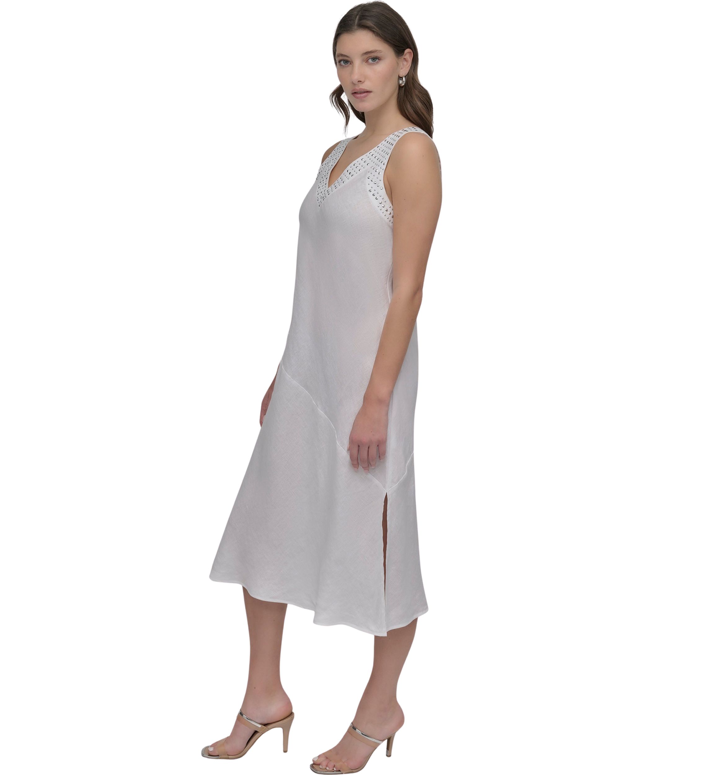 Womens V-Neck Linen Midi Dress
