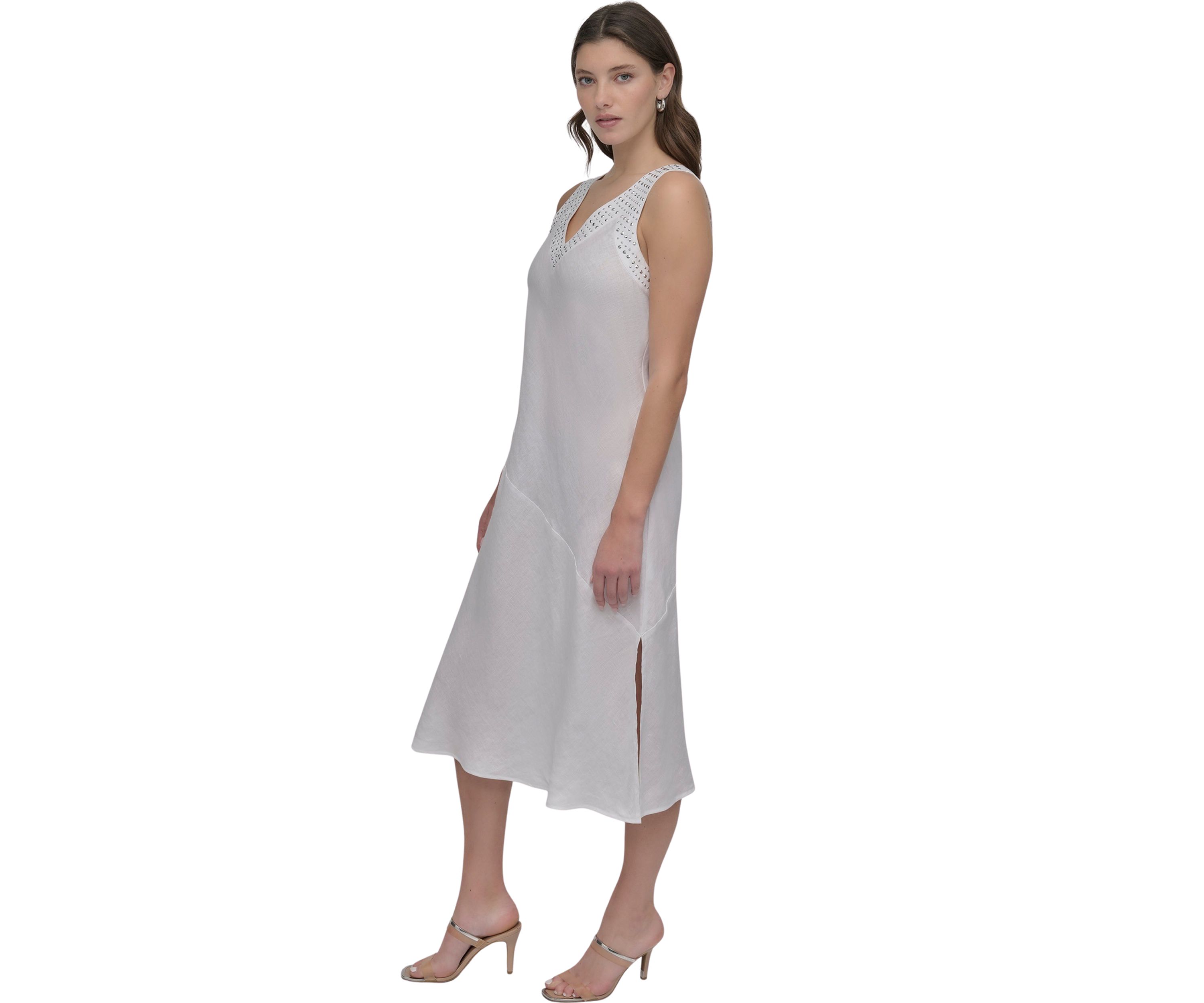 Womens V-Neck Linen Midi Dress