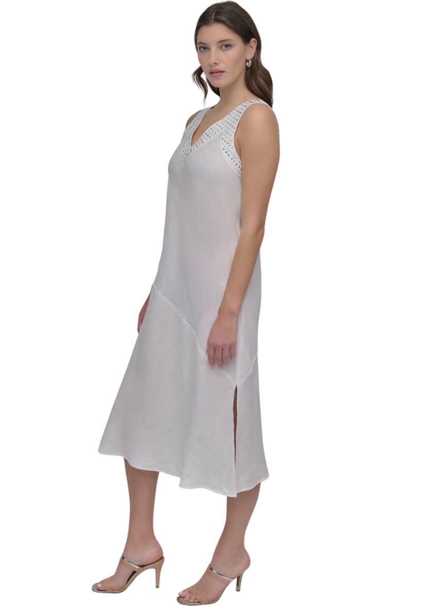 Womens V-Neck Linen Midi Dress