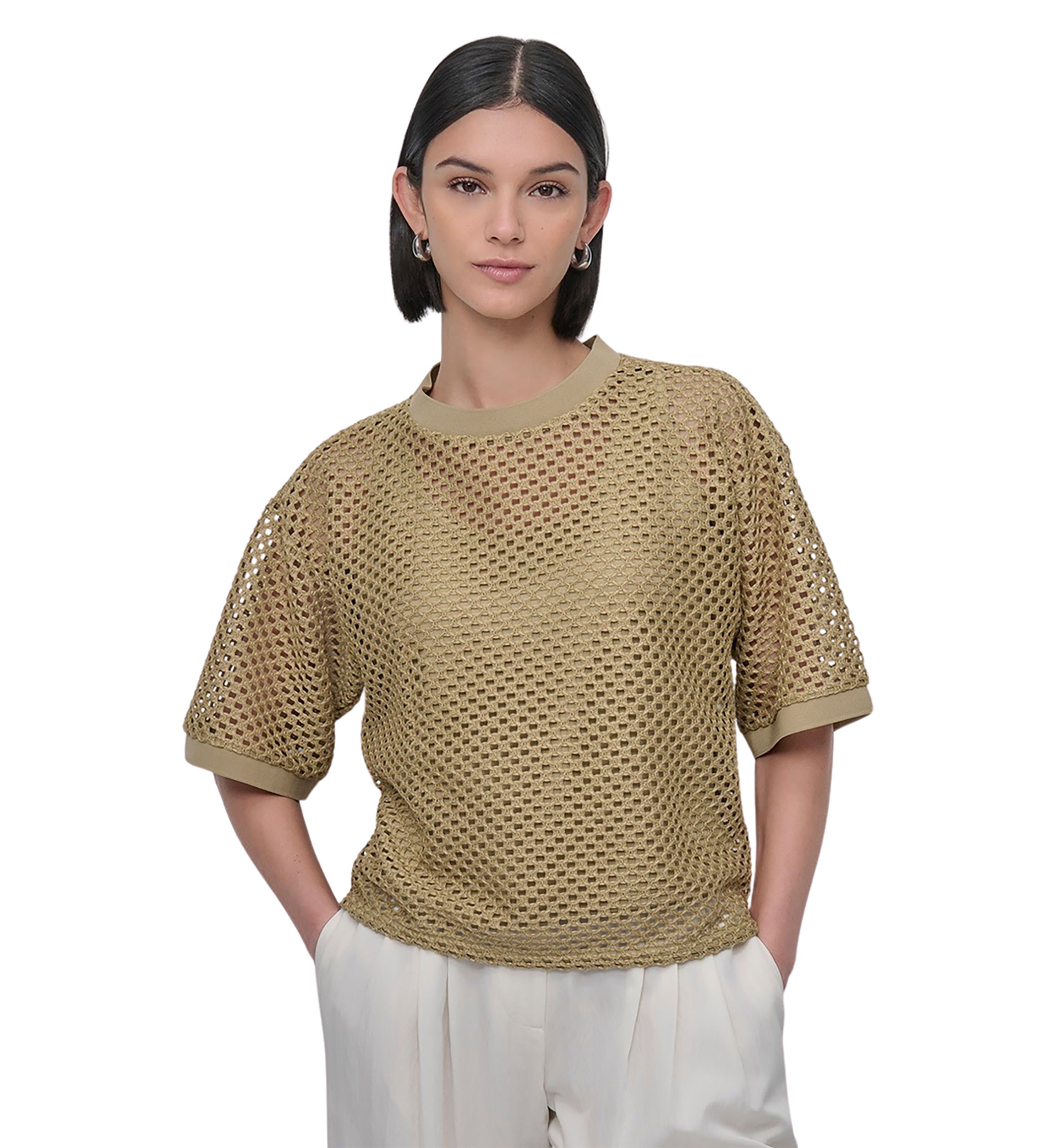 Womens Short Sleeve Netted Knit Top