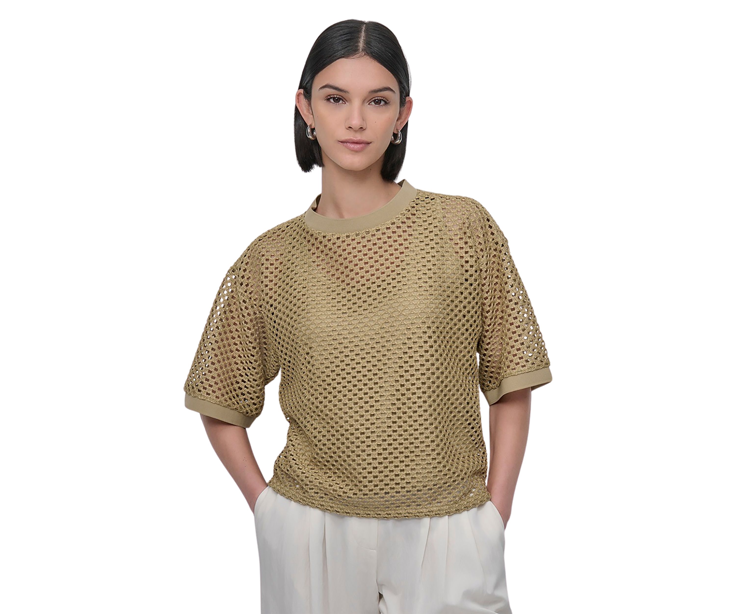 Womens Short Sleeve Netted Knit Top