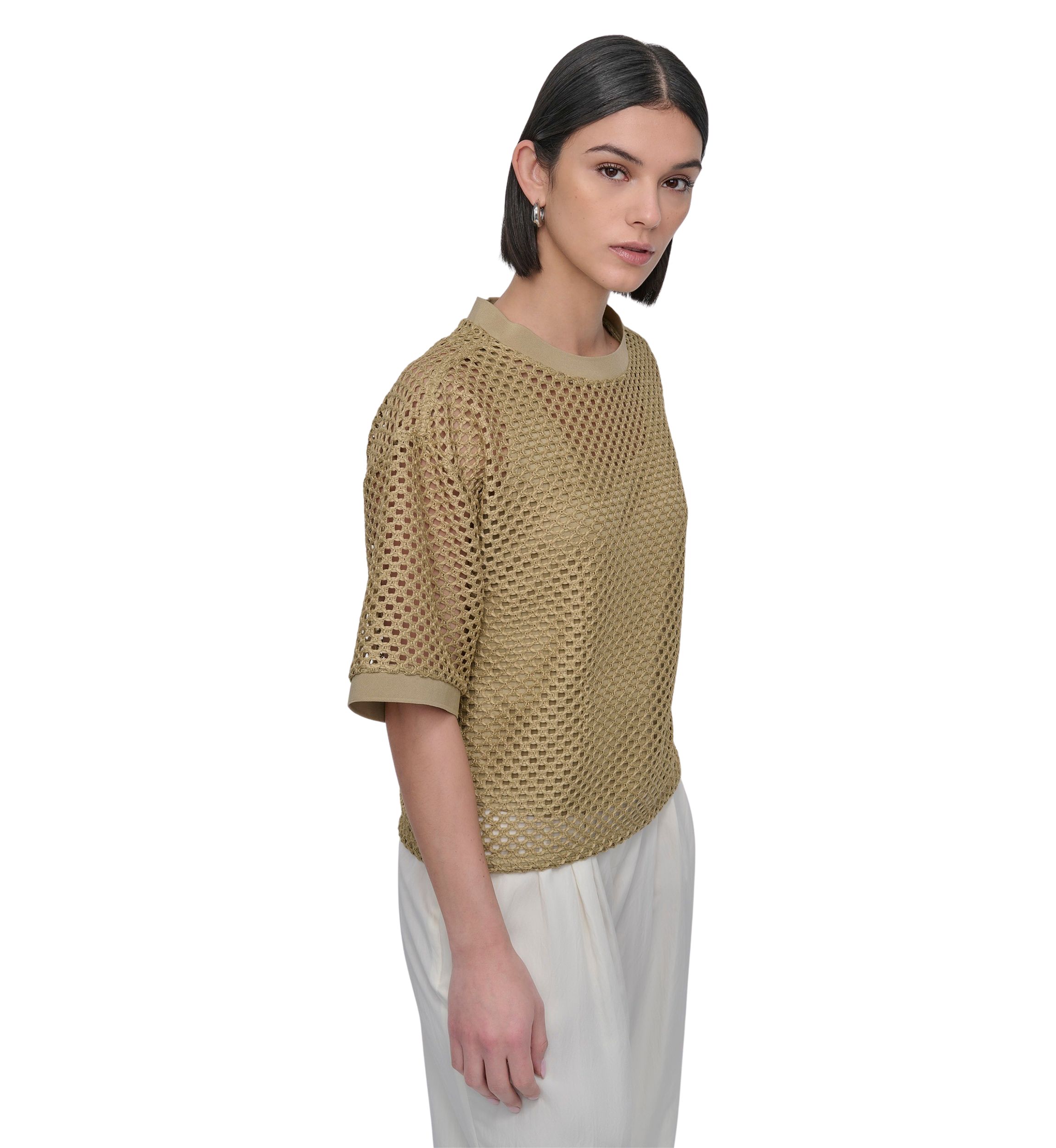 Womens Short Sleeve Netted Knit Top