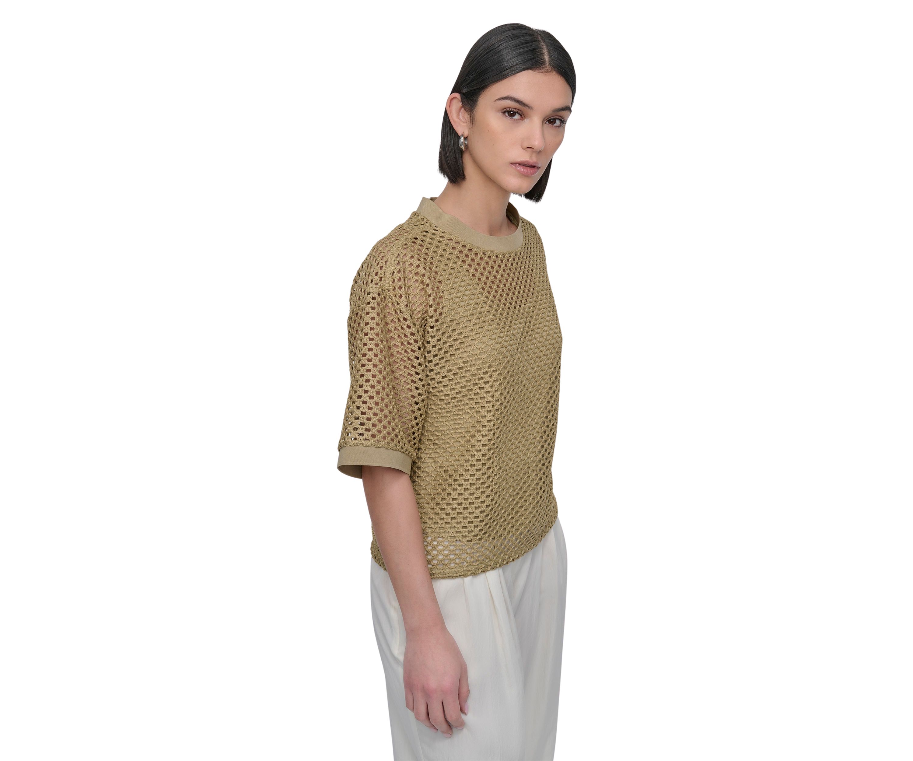Womens Short Sleeve Netted Knit Top