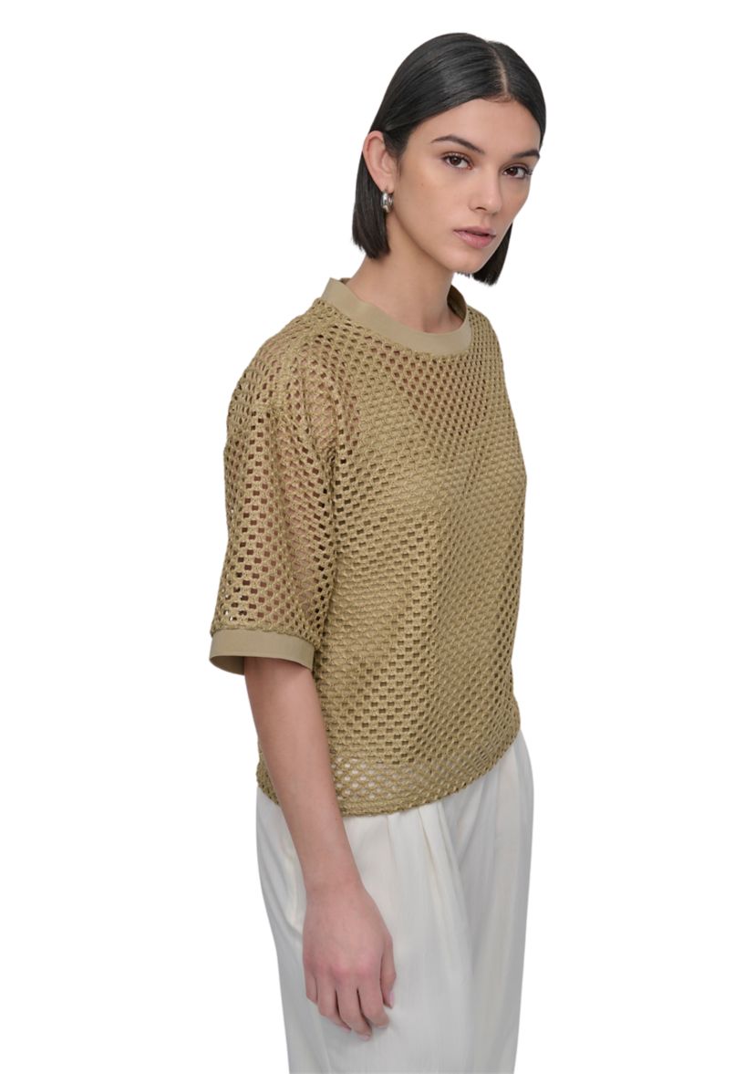Womens Short Sleeve Netted Knit Top