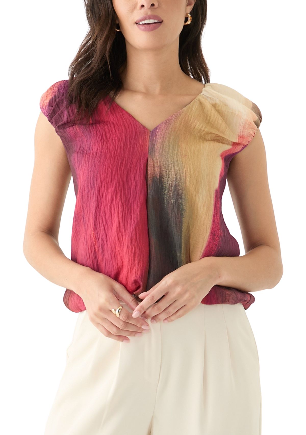 Womens Cap Sleeve Bubble Hem Brushstroke Blouse