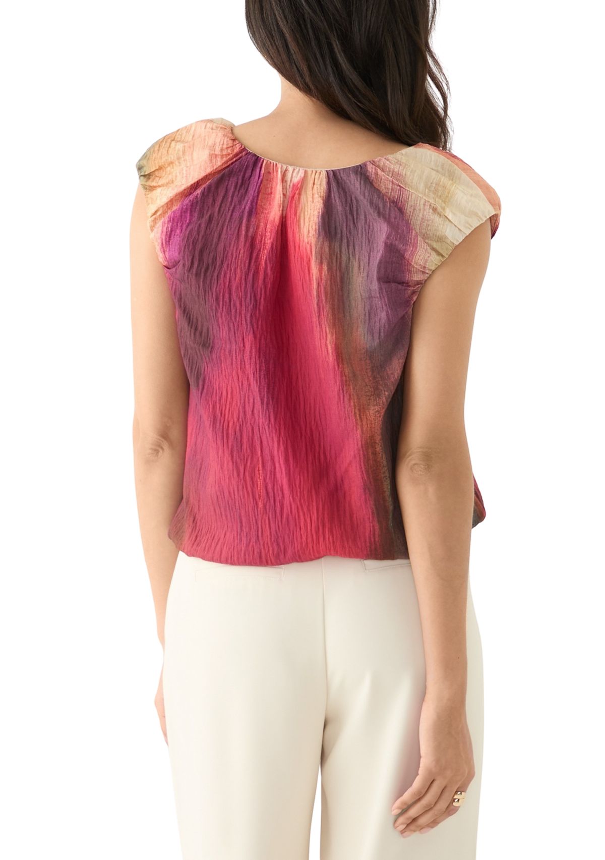 Womens Cap Sleeve Bubble Hem Brushstroke Blouse