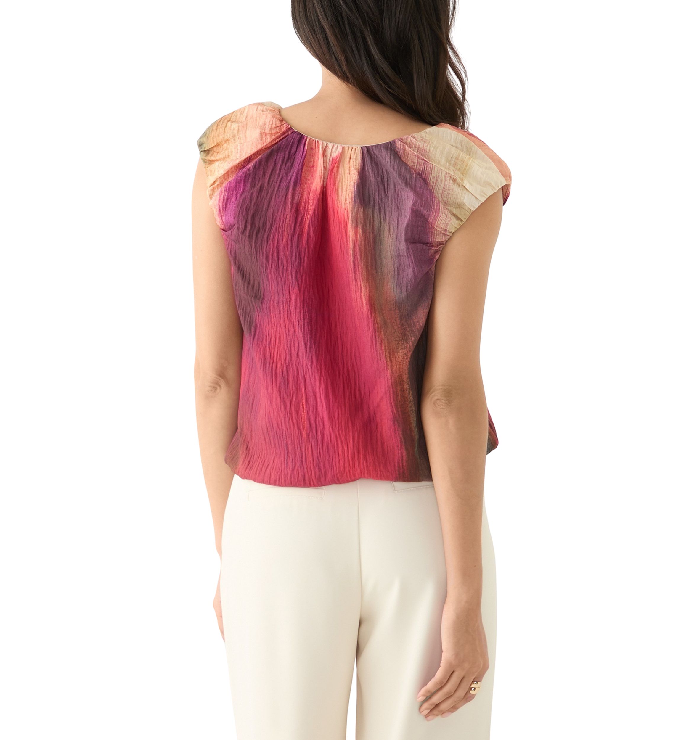 Womens Cap Sleeve Bubble Hem Brushstroke Blouse