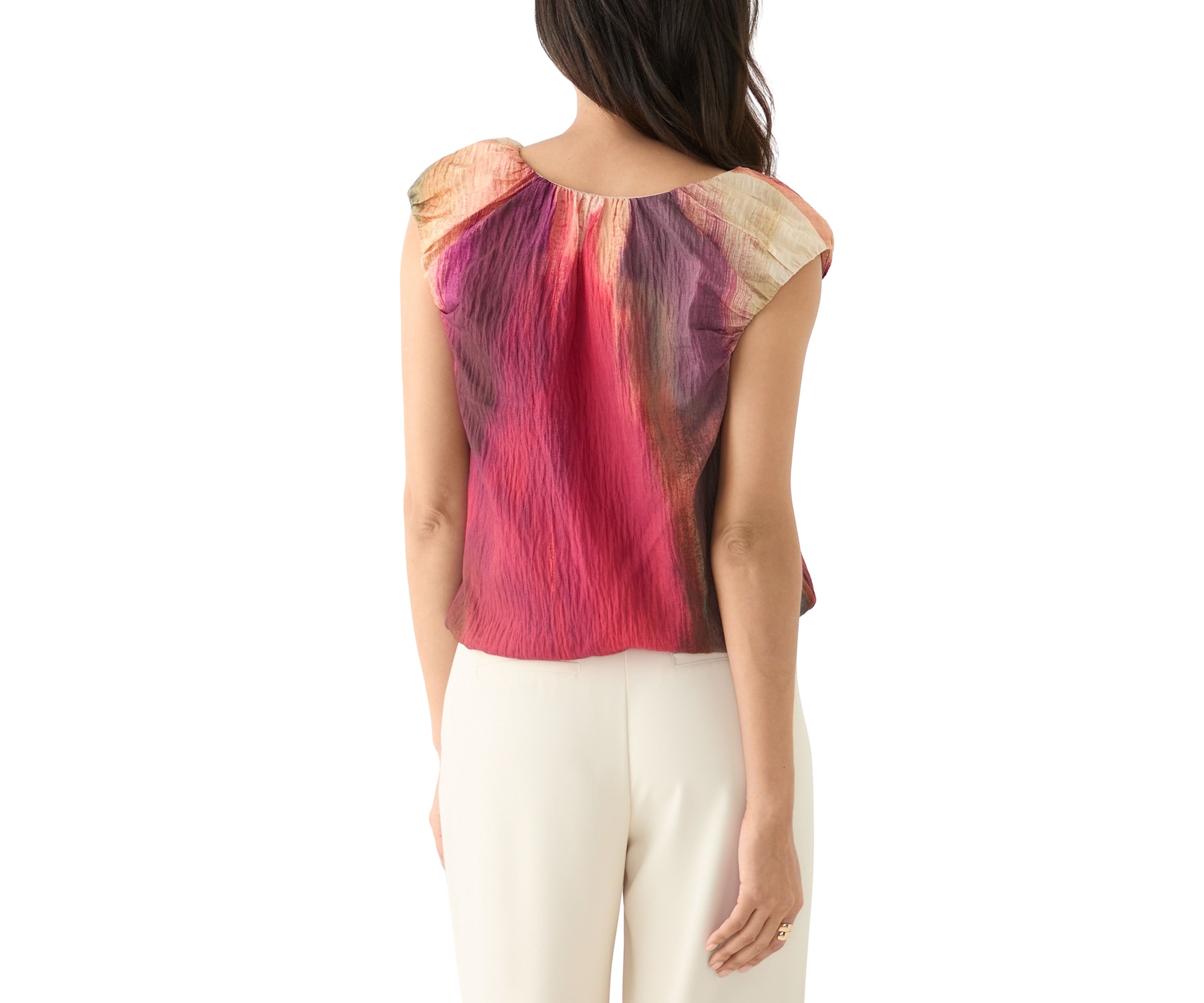 Womens Cap Sleeve Bubble Hem Brushstroke Blouse
