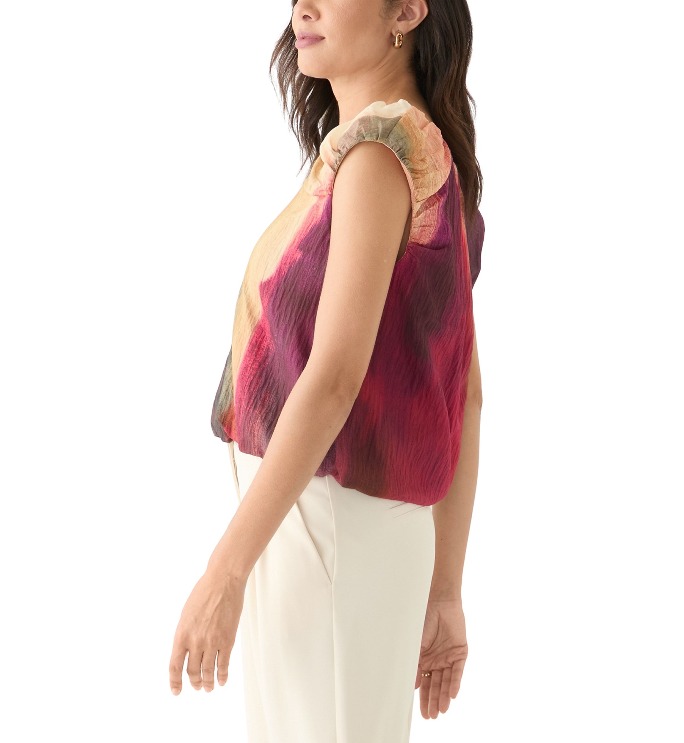 Womens Cap Sleeve Bubble Hem Brushstroke Blouse