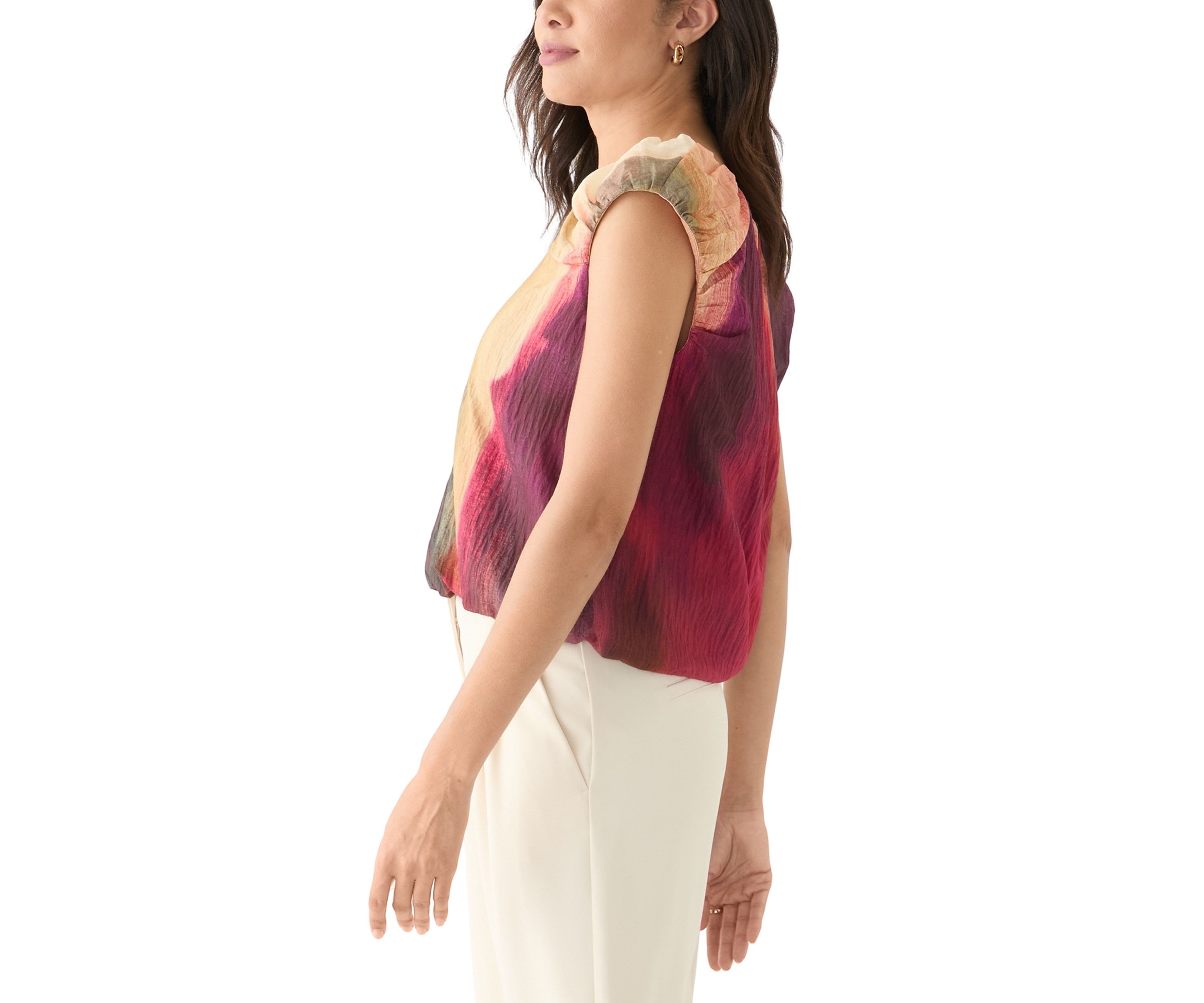 Womens Cap Sleeve Bubble Hem Brushstroke Blouse