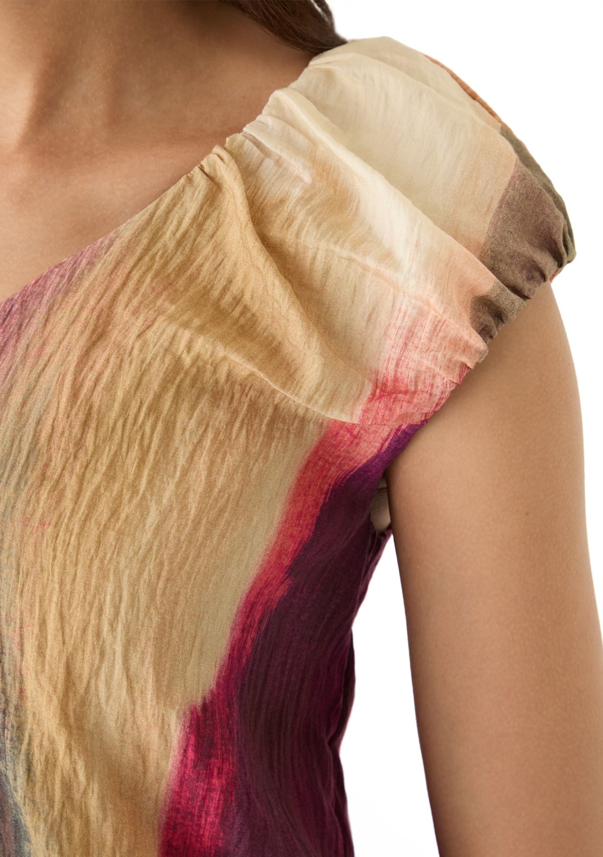 Womens Cap Sleeve Bubble Hem Brushstroke Blouse