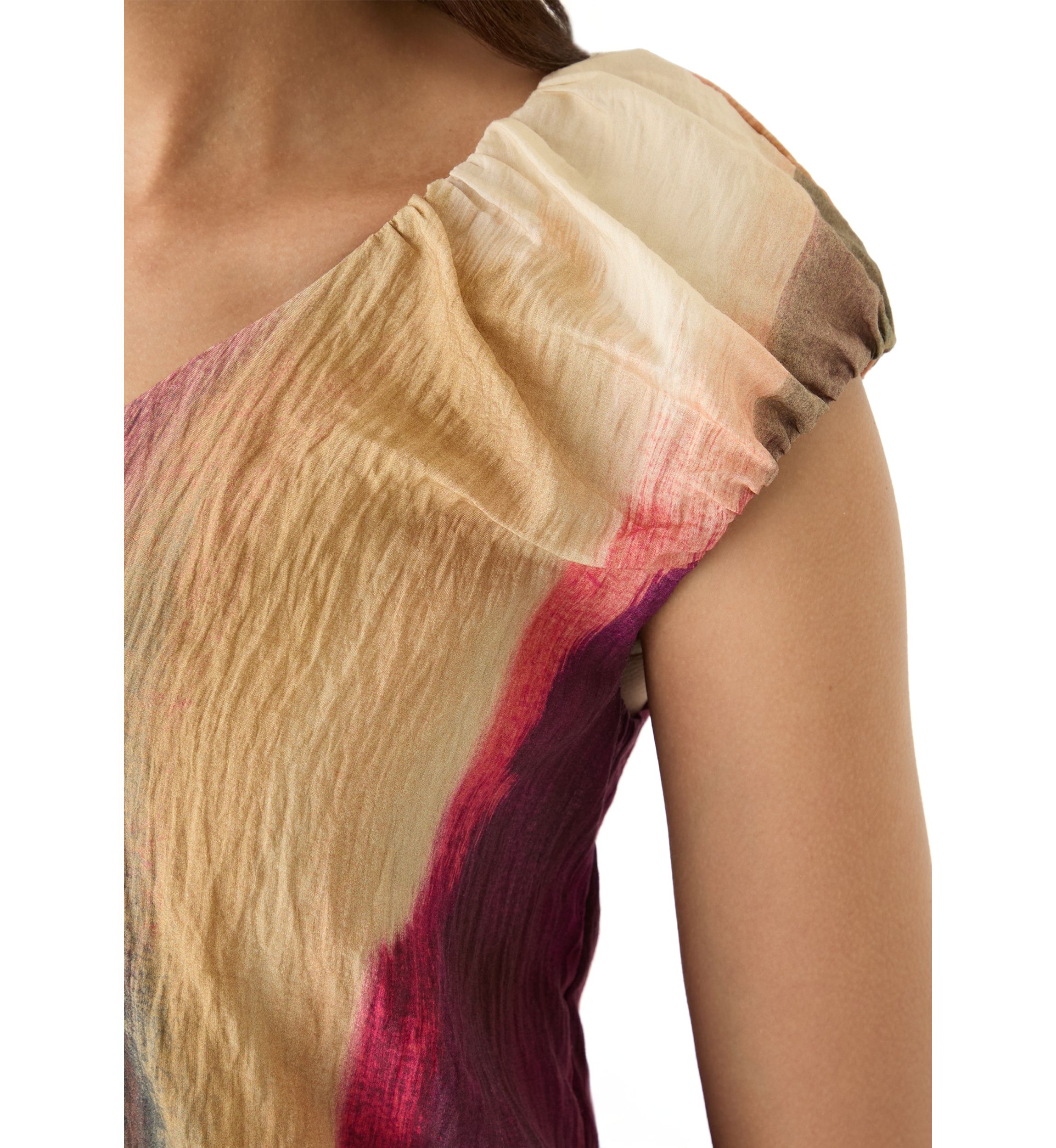 Womens Cap Sleeve Bubble Hem Brushstroke Blouse