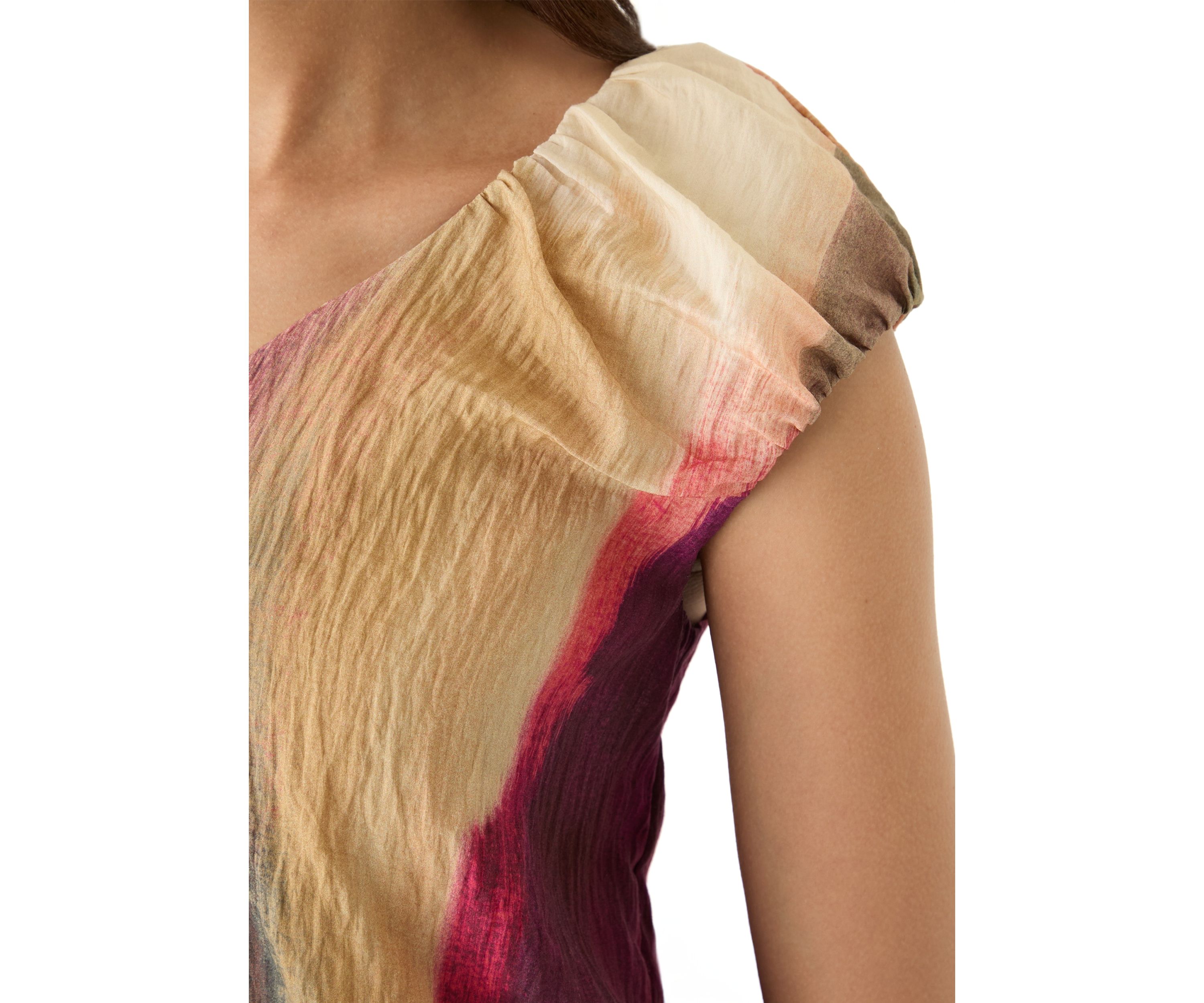Womens Cap Sleeve Bubble Hem Brushstroke Blouse