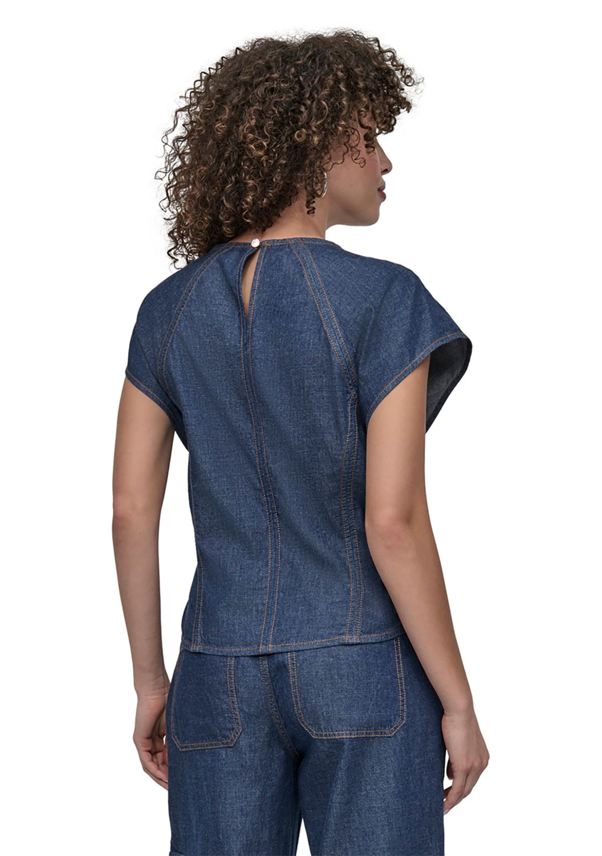 Womens Flutter Sleeve Keyhole Chambray Top