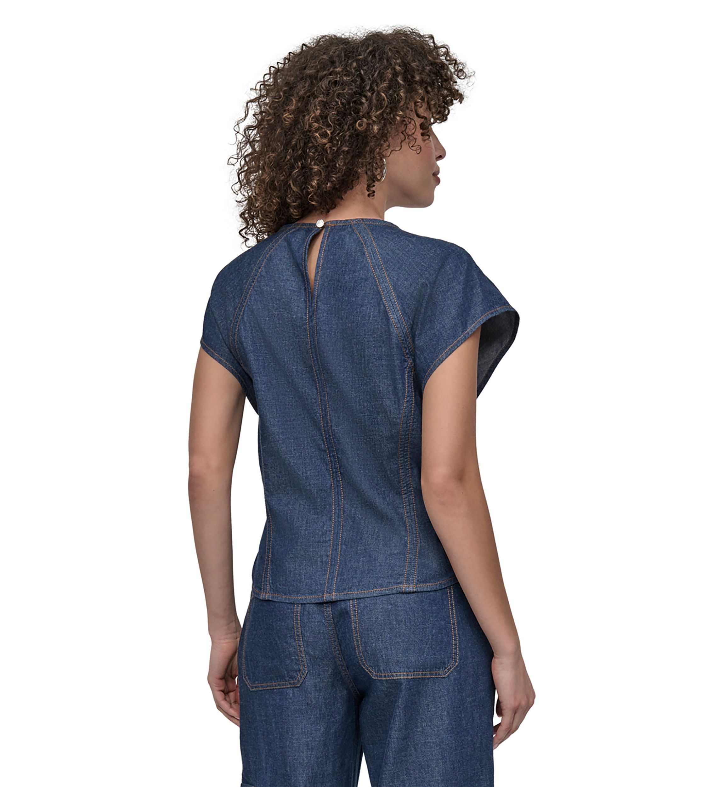 Womens Flutter Sleeve Keyhole Chambray Top