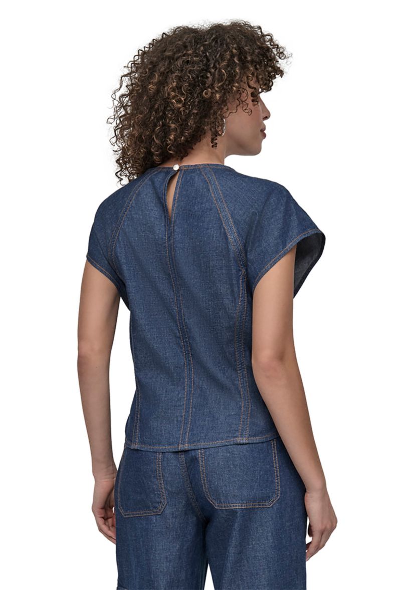 Womens Flutter Sleeve Keyhole Chambray Top