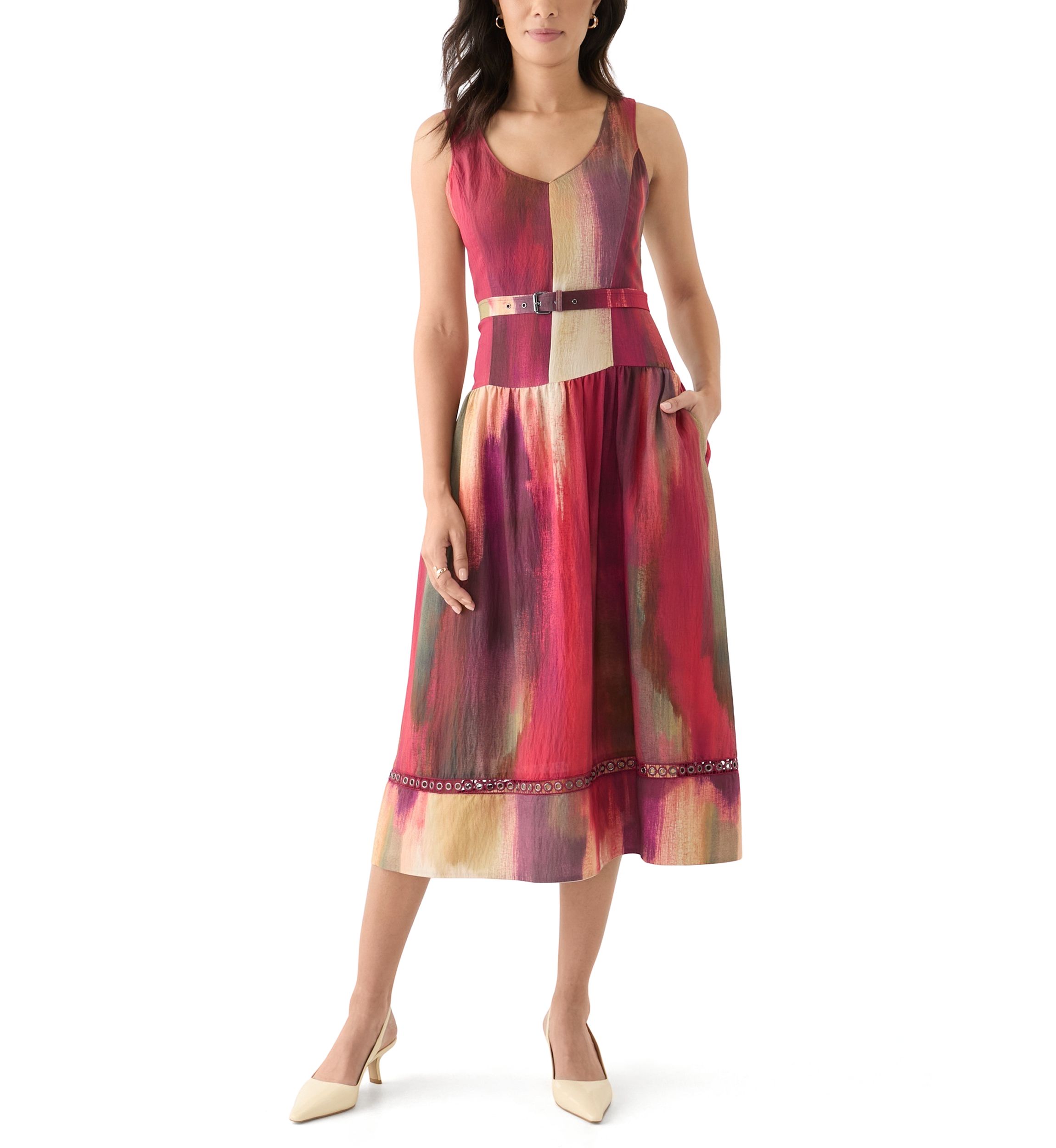 Womens Sleeveless Belted Brushstroke Midi Dress
