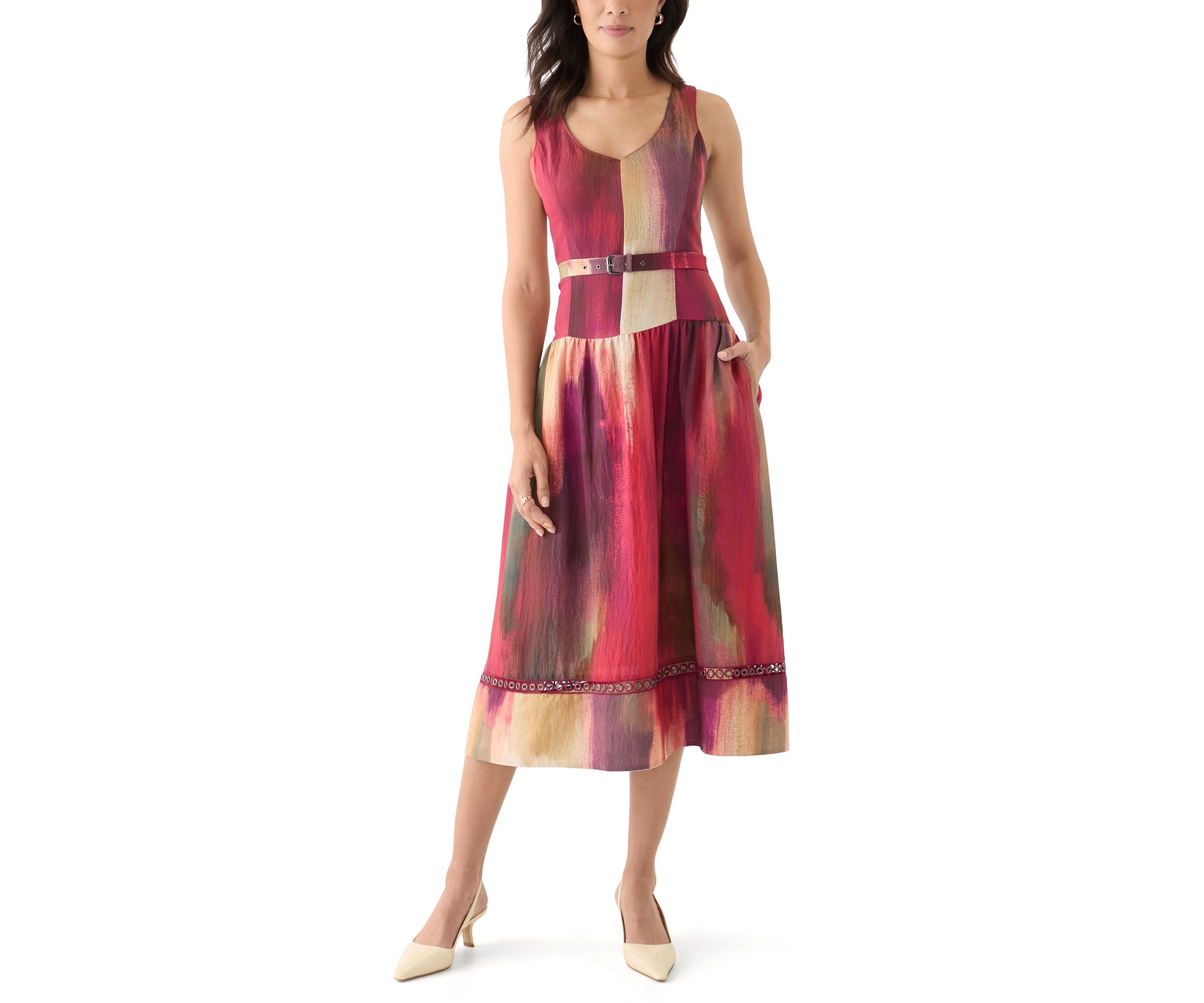 Womens Sleeveless Belted Brushstroke Midi Dress