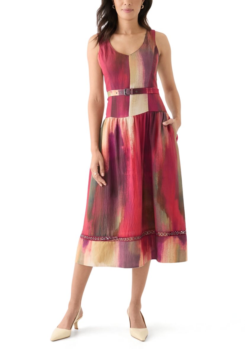 Womens Sleeveless Belted Brushstroke Midi Dress