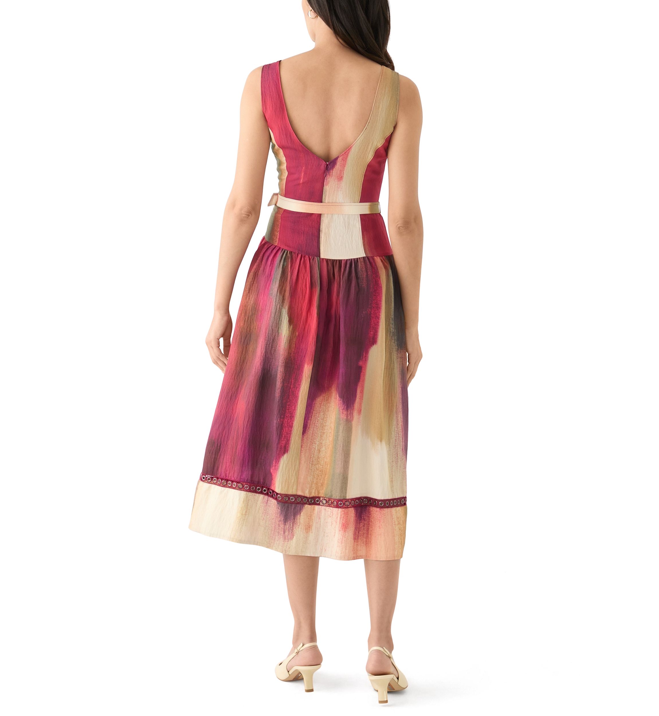 Womens Sleeveless Belted Brushstroke Midi Dress