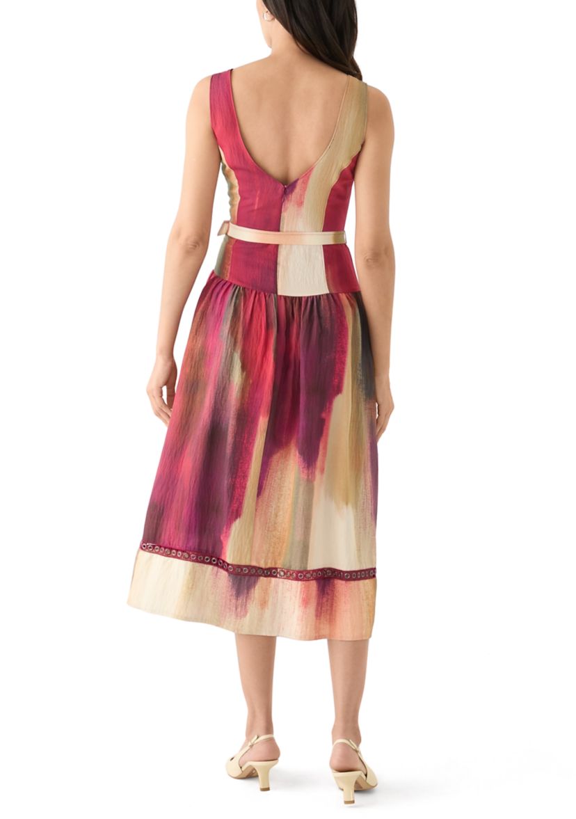 Womens Sleeveless Belted Brushstroke Midi Dress