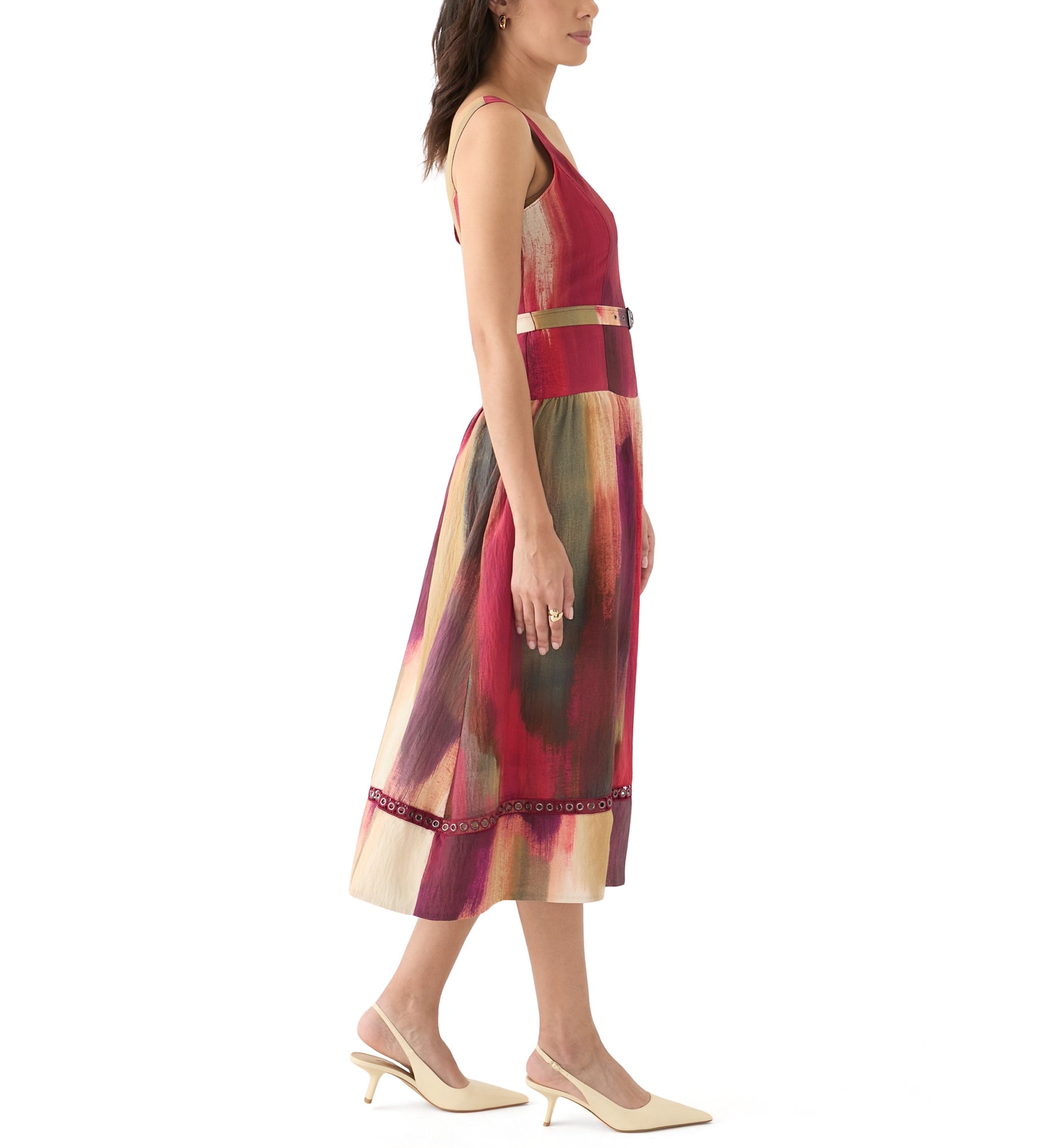 Womens Sleeveless Belted Brushstroke Midi Dress
