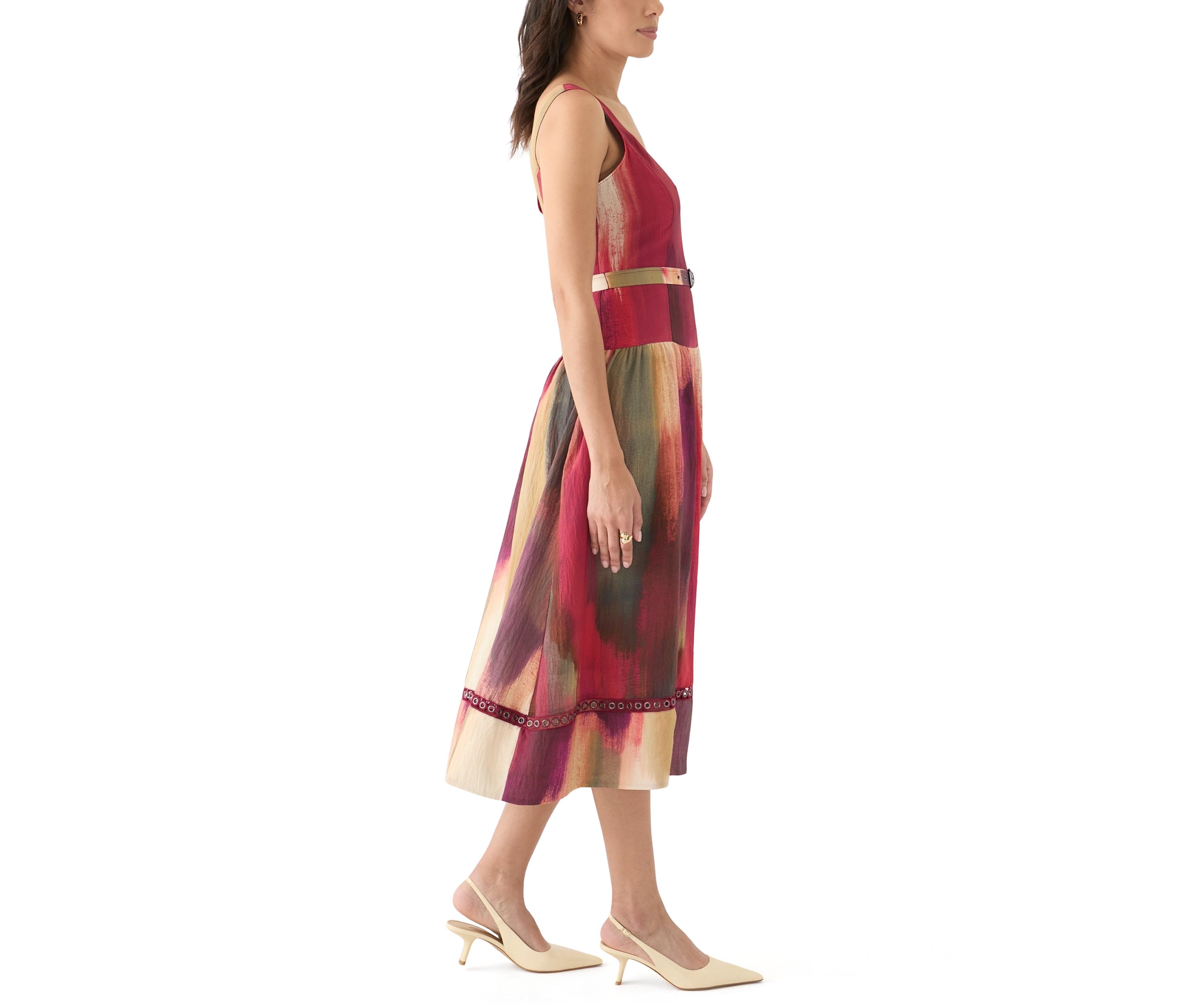 Womens Sleeveless Belted Brushstroke Midi Dress