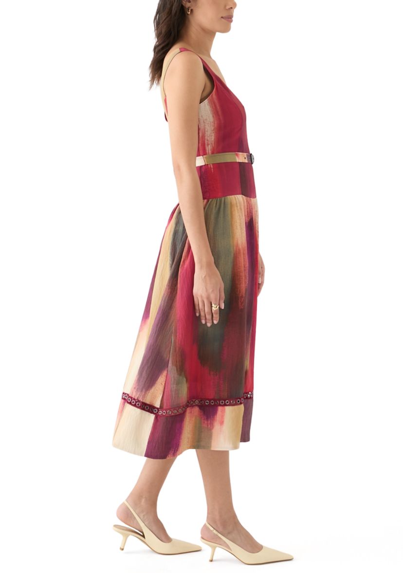 Womens Sleeveless Belted Brushstroke Midi Dress
