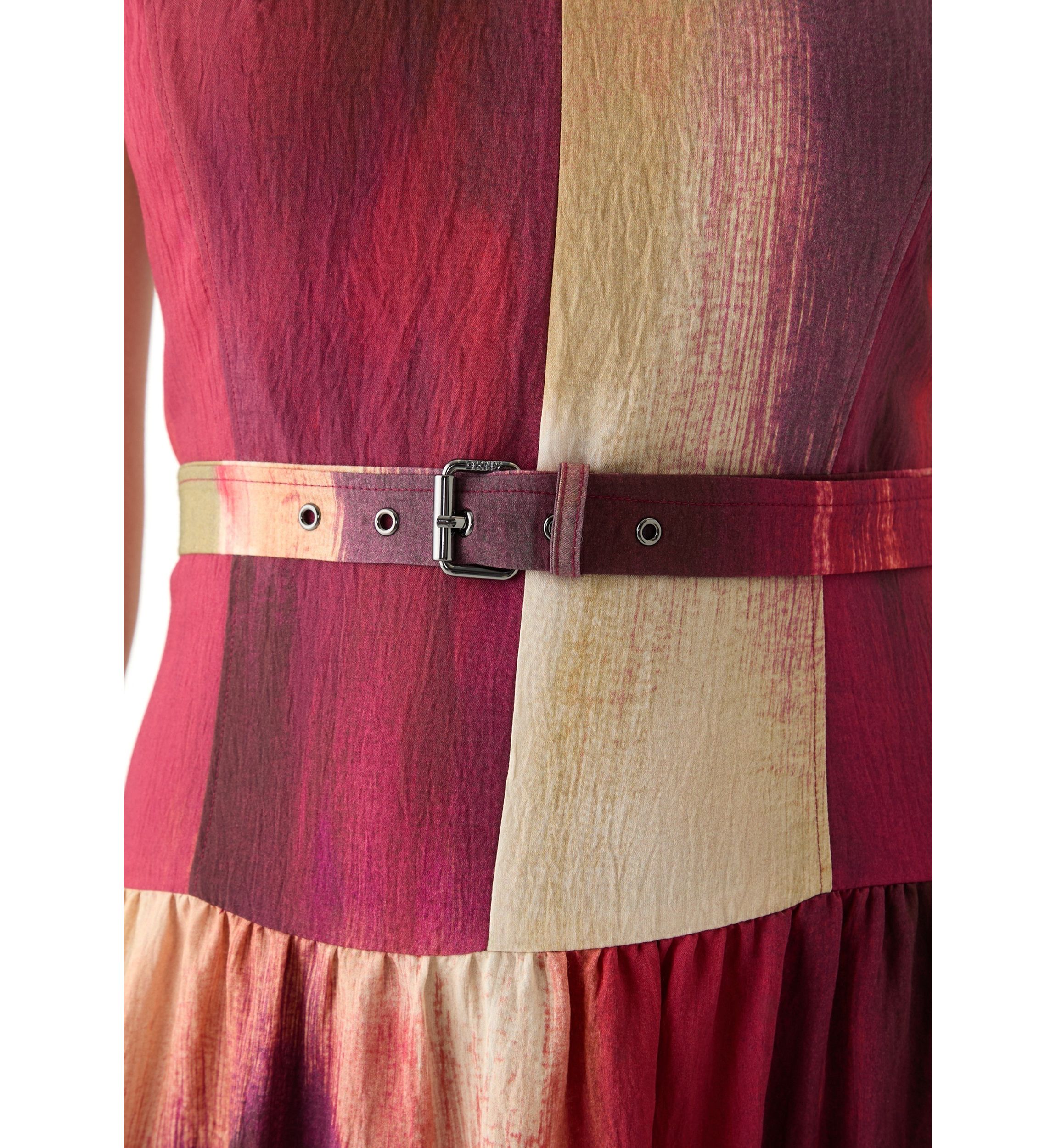 Womens Sleeveless Belted Brushstroke Midi Dress