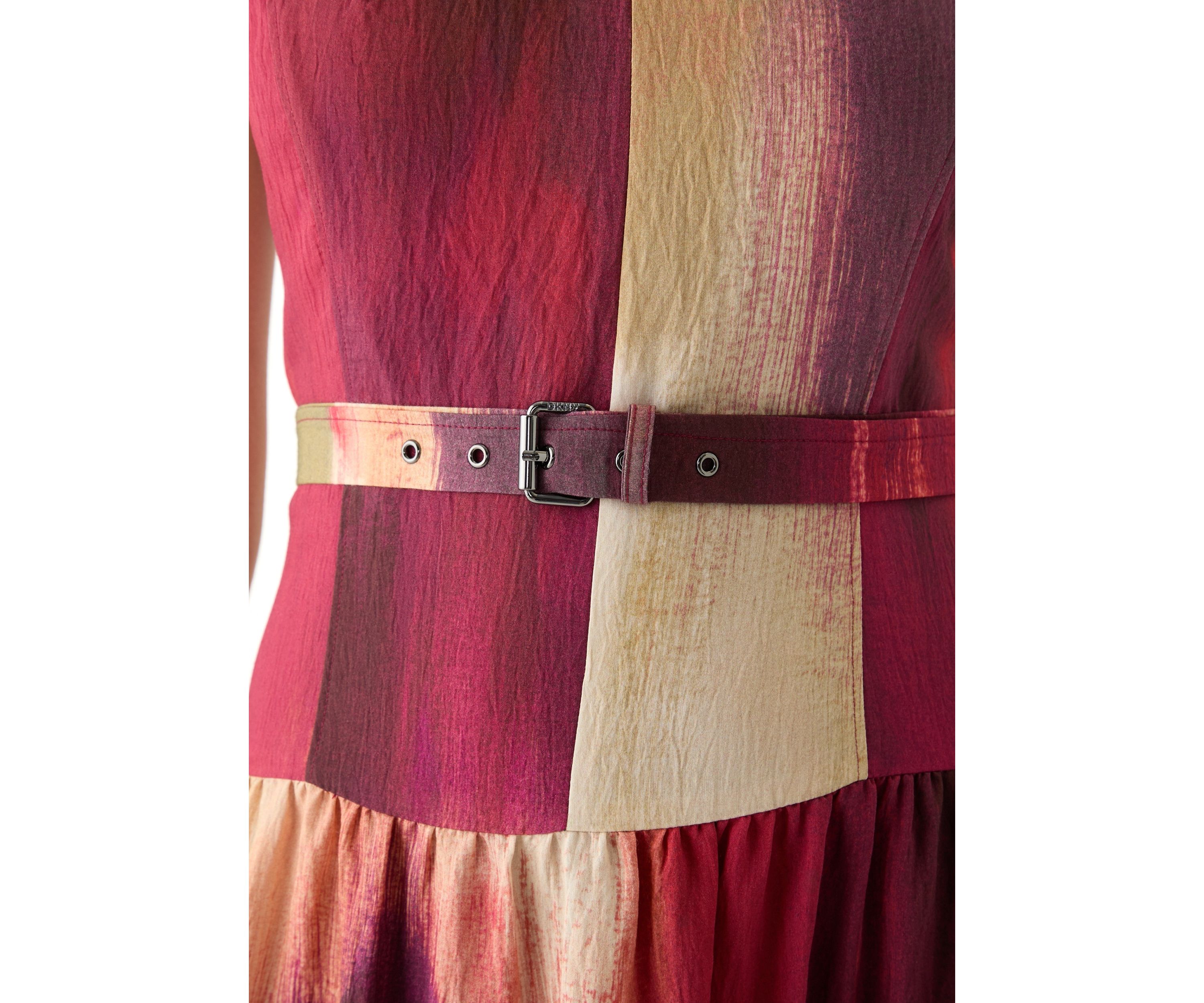 Womens Sleeveless Belted Brushstroke Midi Dress