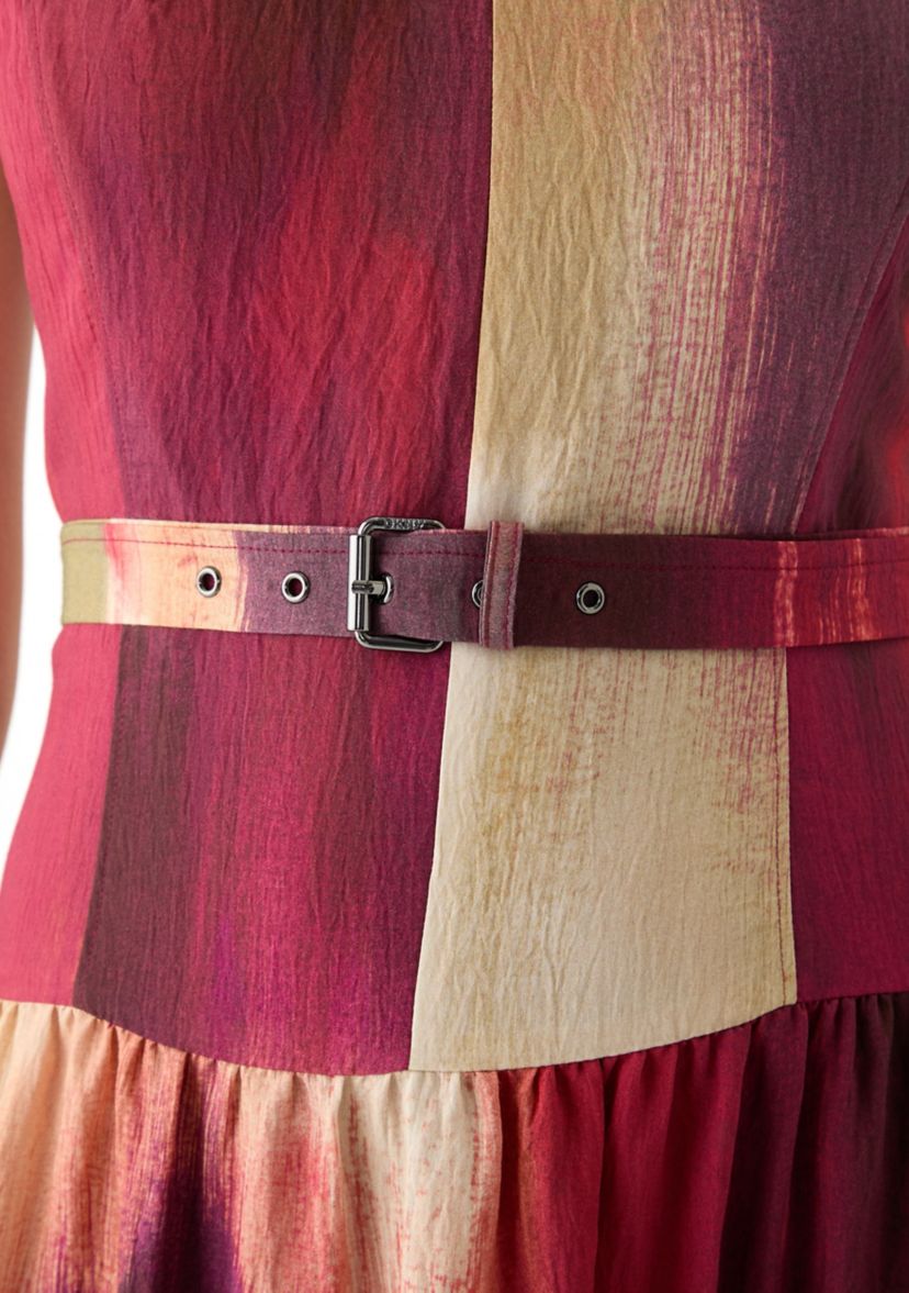 Womens Sleeveless Belted Brushstroke Midi Dress
