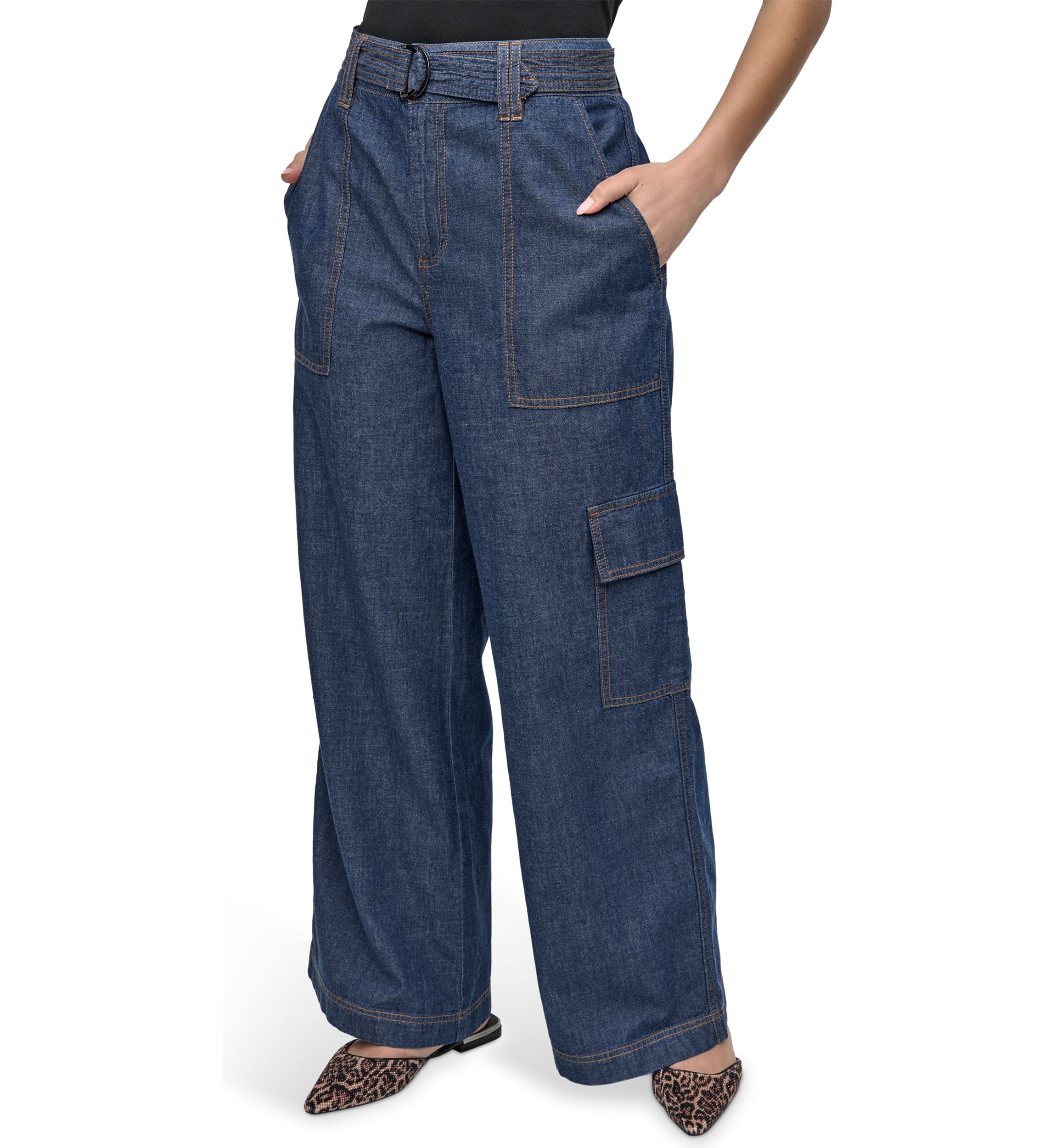 Womens Wide Leg Chambray Pants