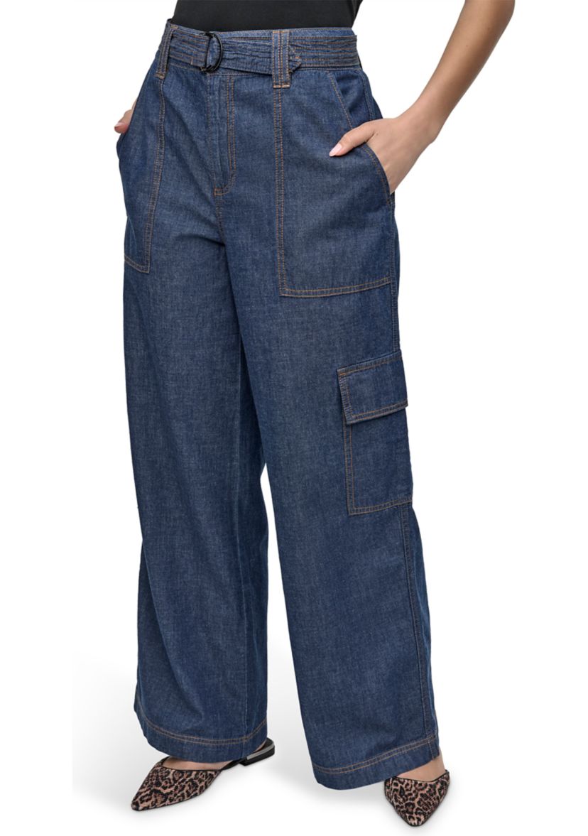 Womens Wide Leg Chambray Pants