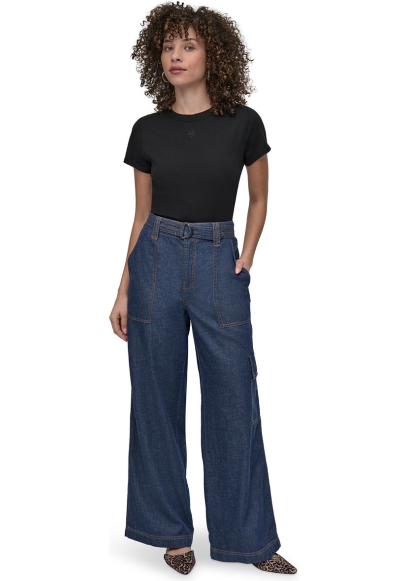 Womens Wide Leg Chambray Pants