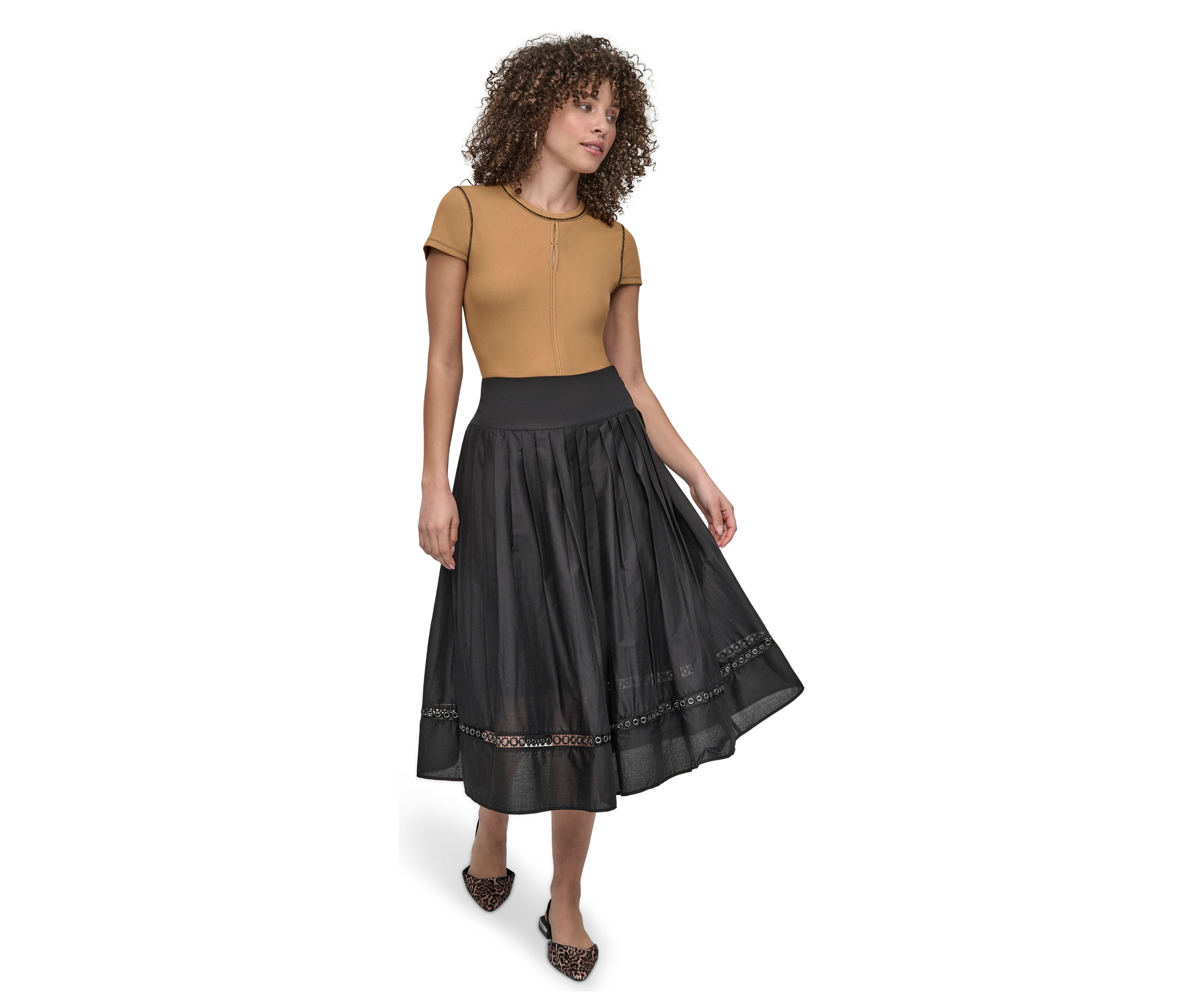 Womens A-Line Grommet Trim Midi Skirt