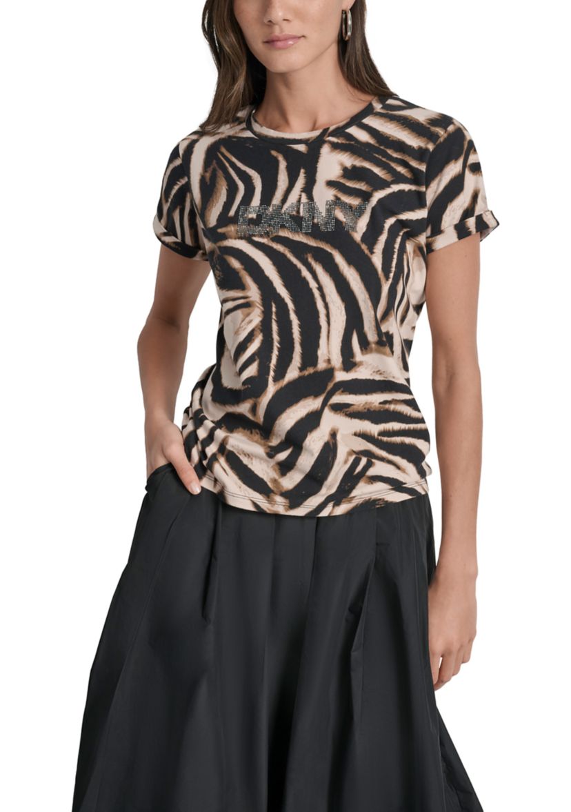 Womens Short Sleeve Zebra Crew Neck T-Shirt