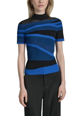 DKNY Women's Short Sleeve Mock Neck Swirl Sweater, Blue, XS